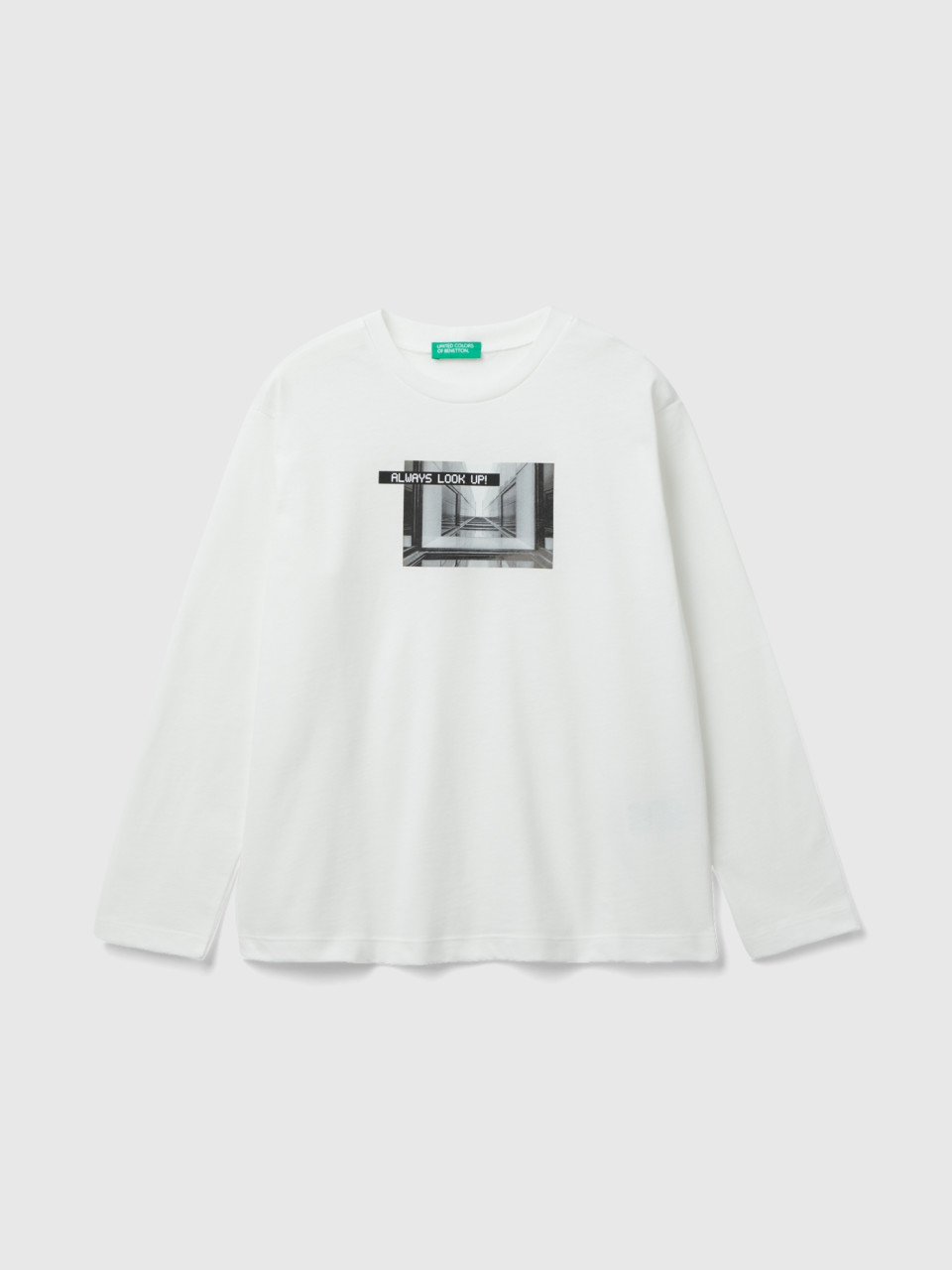 Benetton, T-shirt Chaud Avec Photo Imprimée, Blanc, Enfants