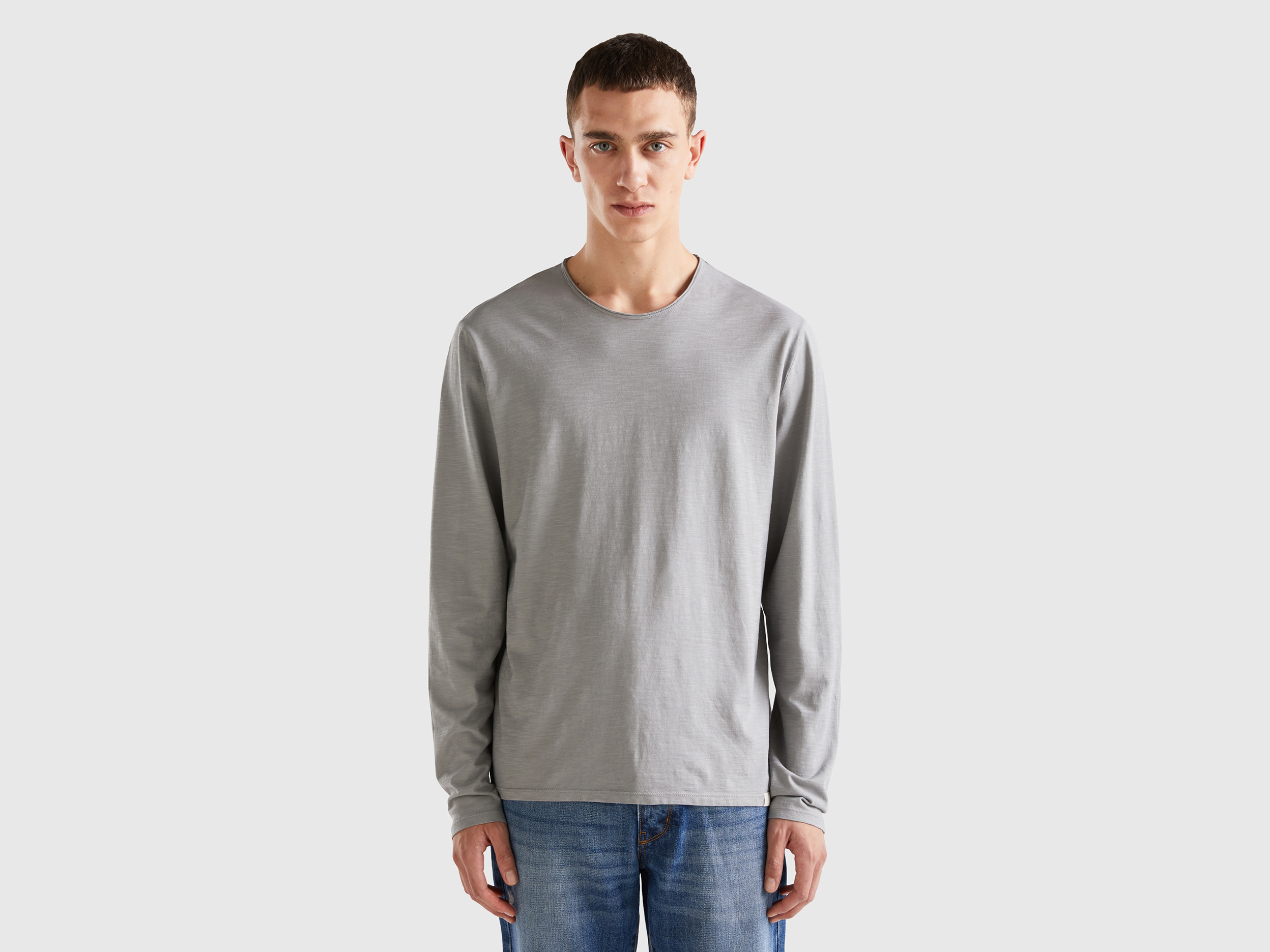 Benetton, Long Sleeve T-shirt In 100% Cotton, size S, Gray, Men