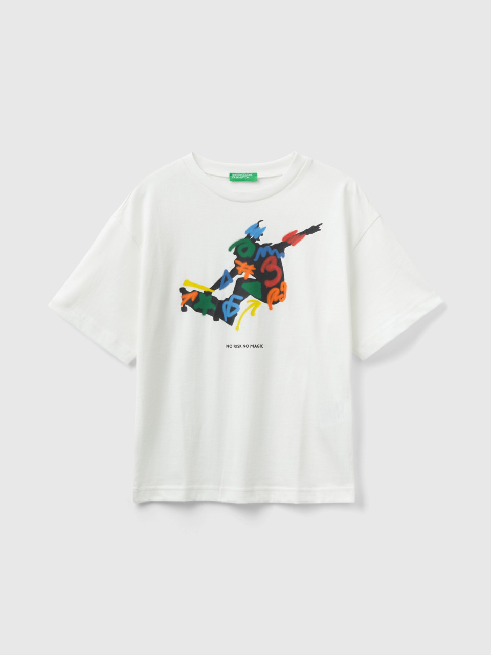 Benetton, Crew Neck T-shirt With Print, Creamy White, Kids
