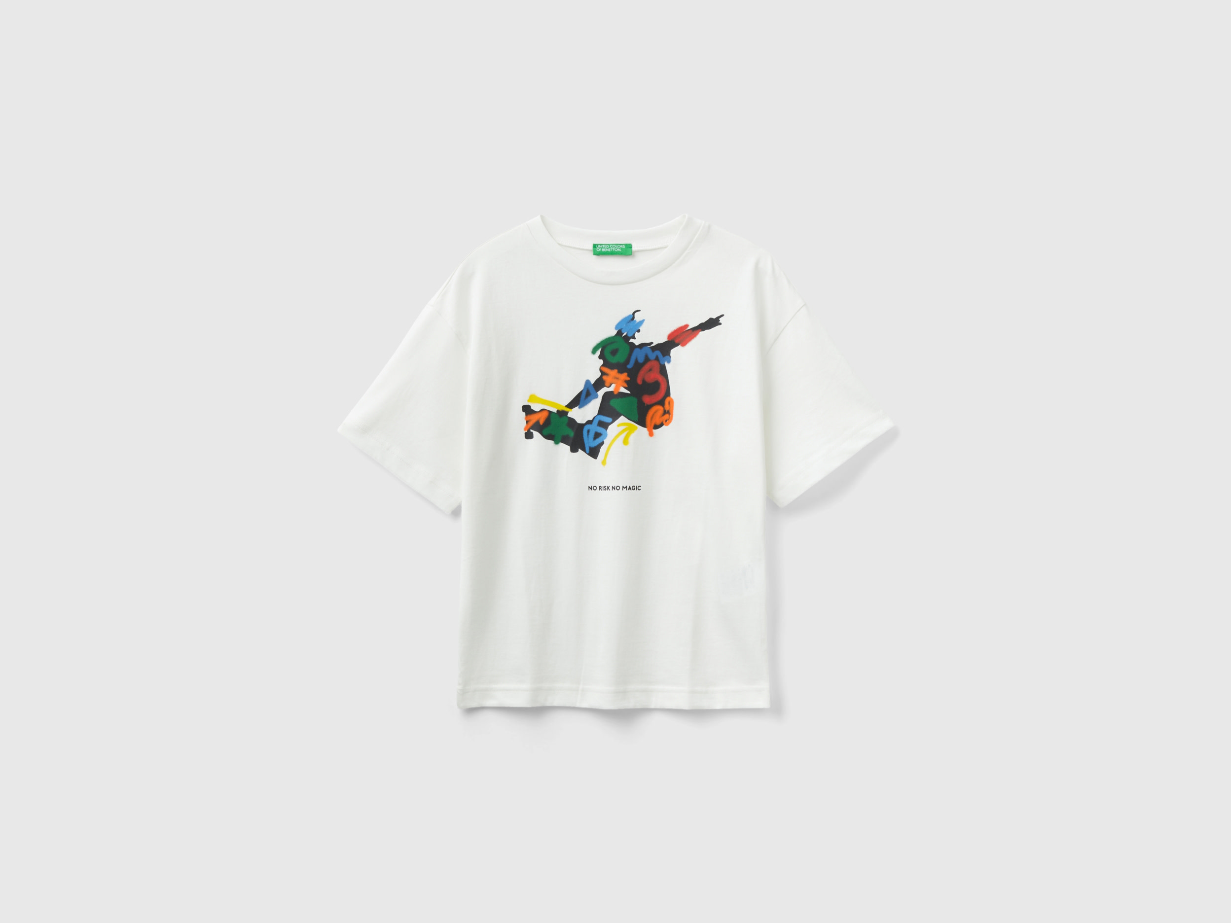 Benetton, Crew Neck T-shirt With Print, size 3XL, Creamy White, Kids