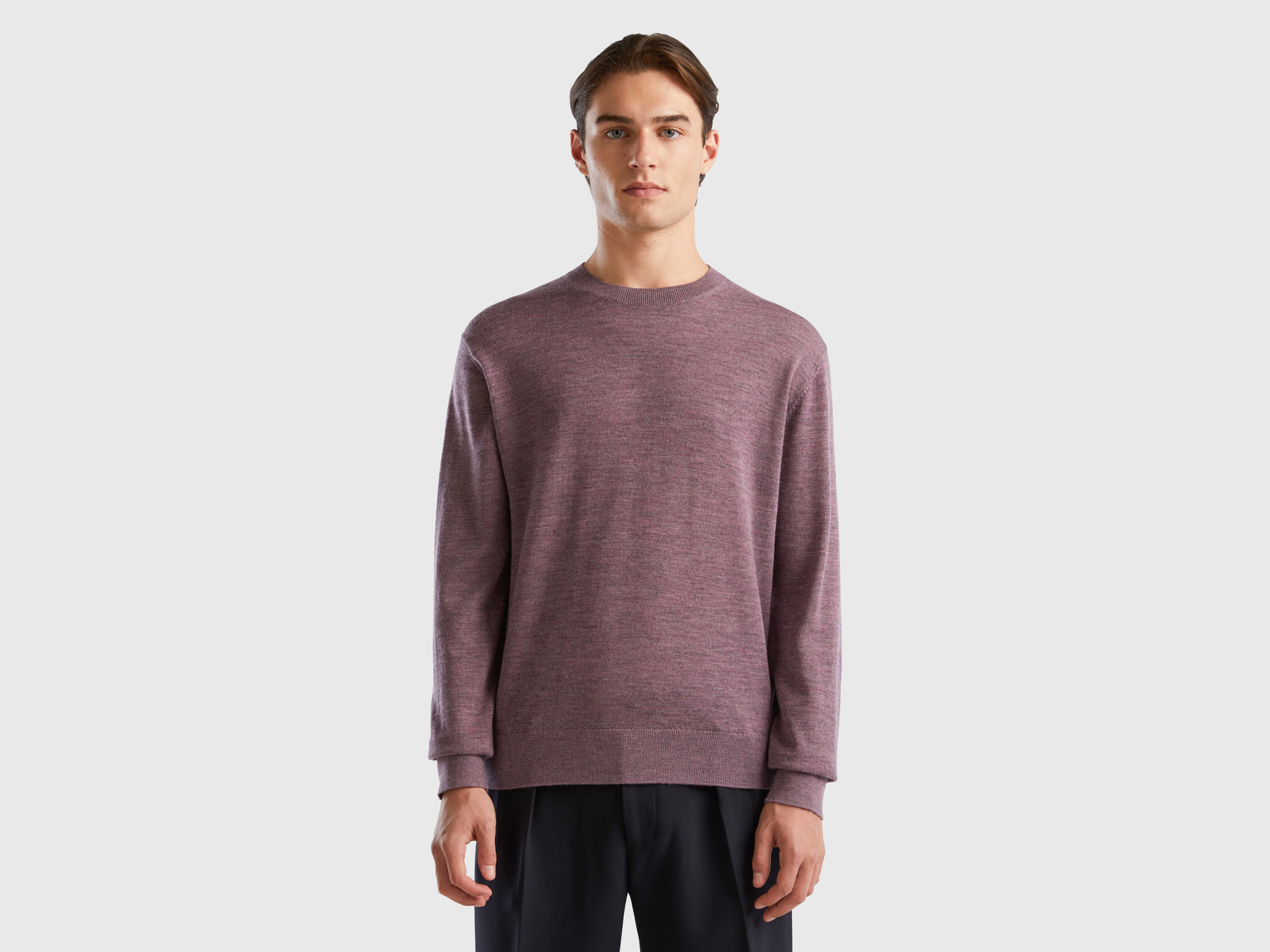 Benetton, Dove Gray Sweater In Pure Merino Wool, size XL, Dove Gray, Men