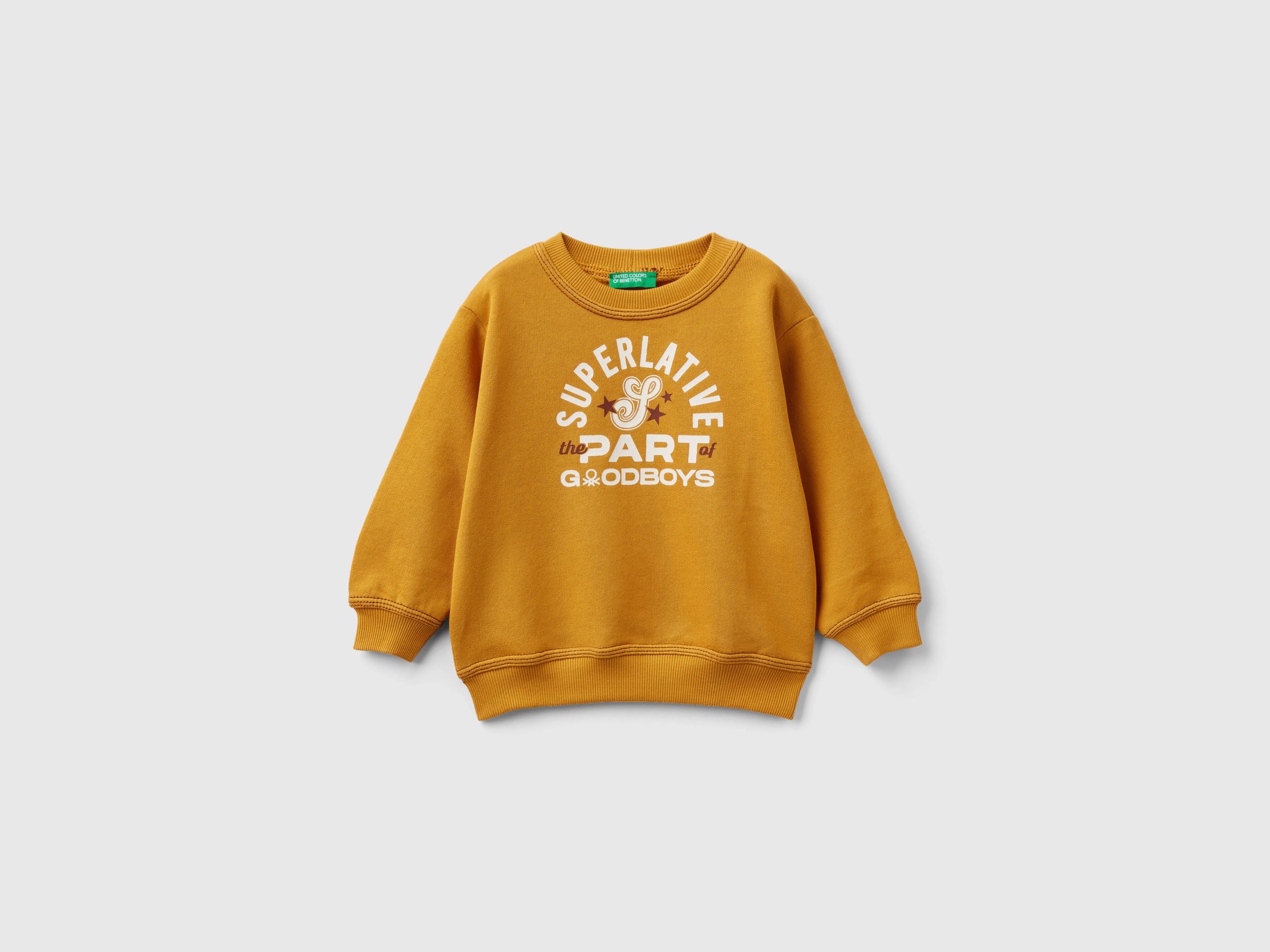 Benetton, Pullover Sweatshirt With Print, size 18-24, Mustard, Kids