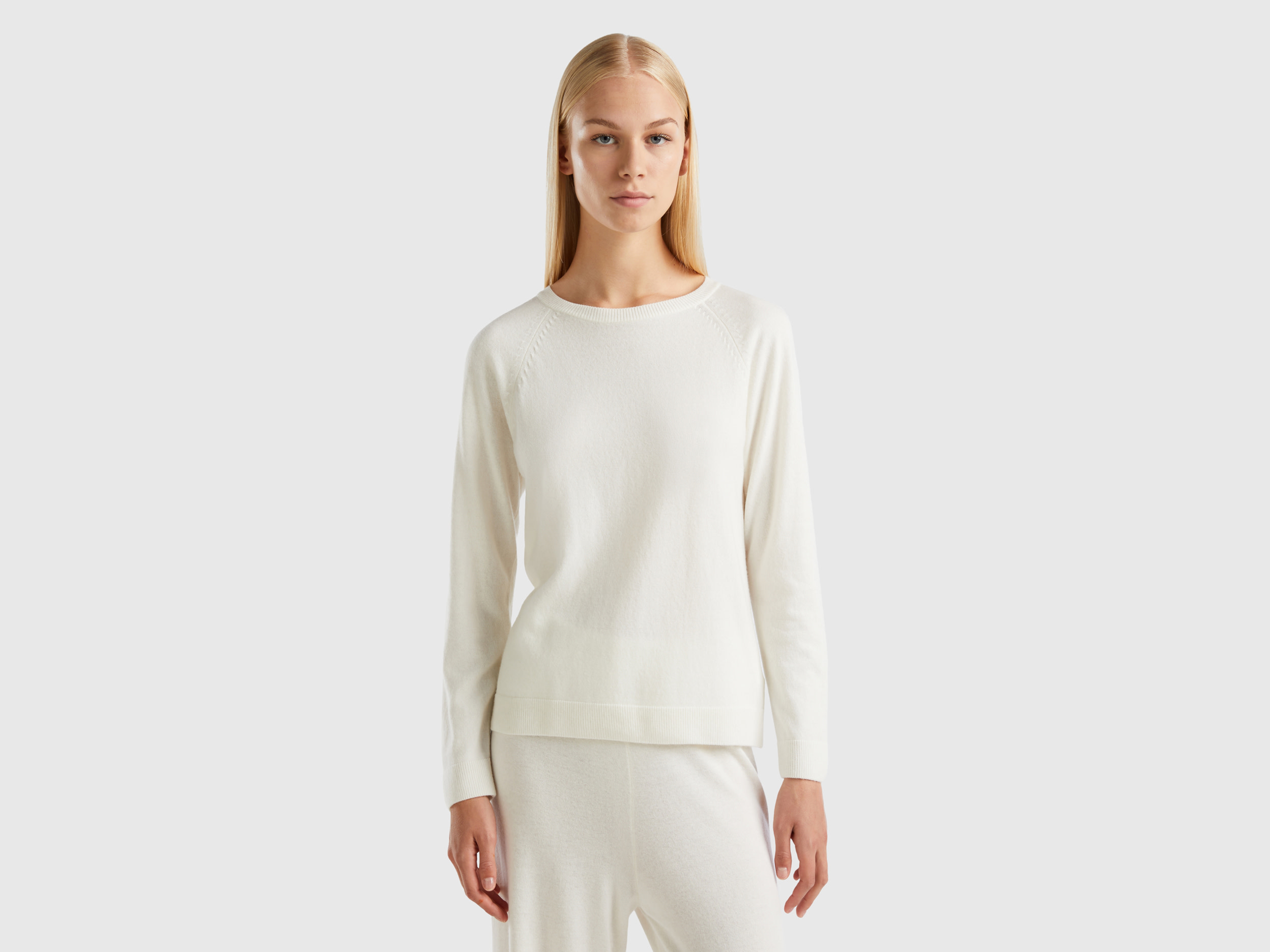 Benetton, Cream Crew Neck Sweater In Cashmere And Wool Blend, size XS, Creamy White, Women