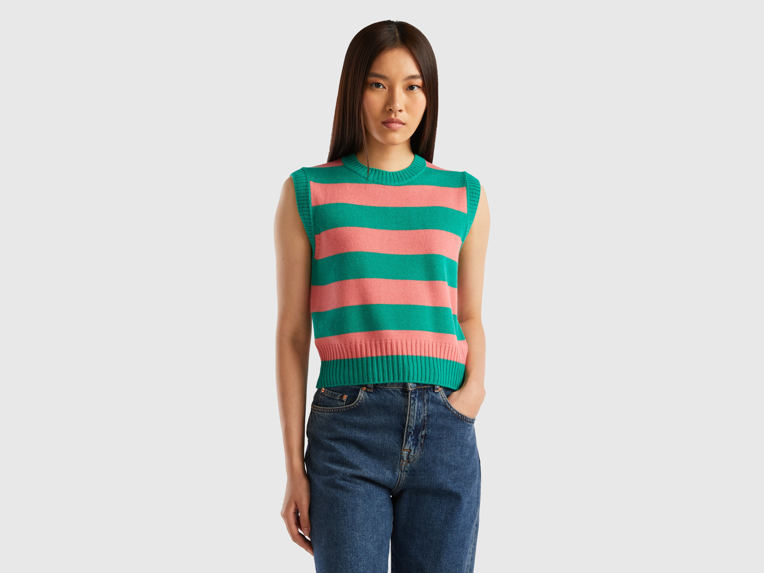 Benetton, Two-tone Striped Vest, size XL, Pink, Women