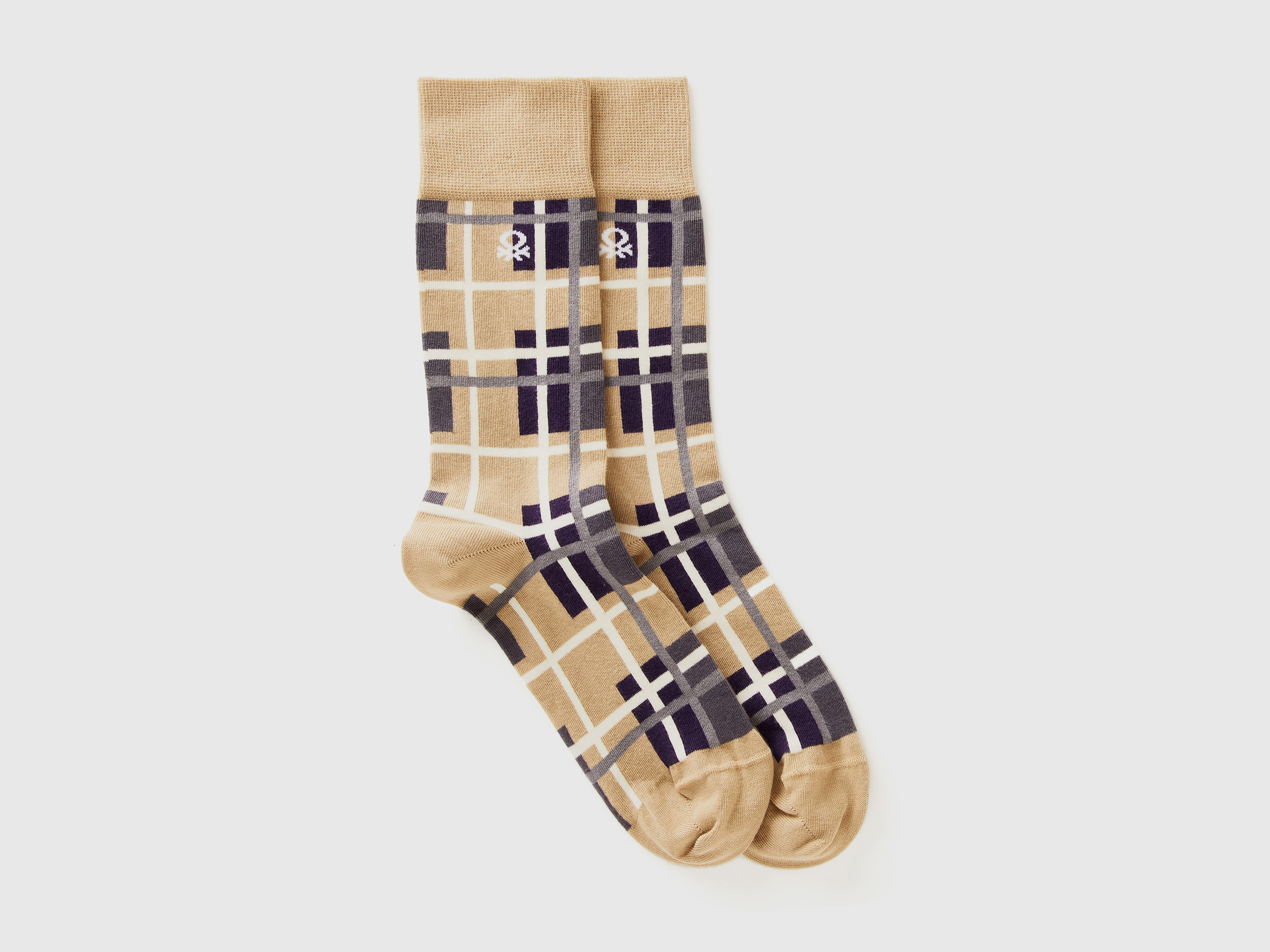 Benetton, Calzini Lunghi Beige Tartan, Beige, Donna