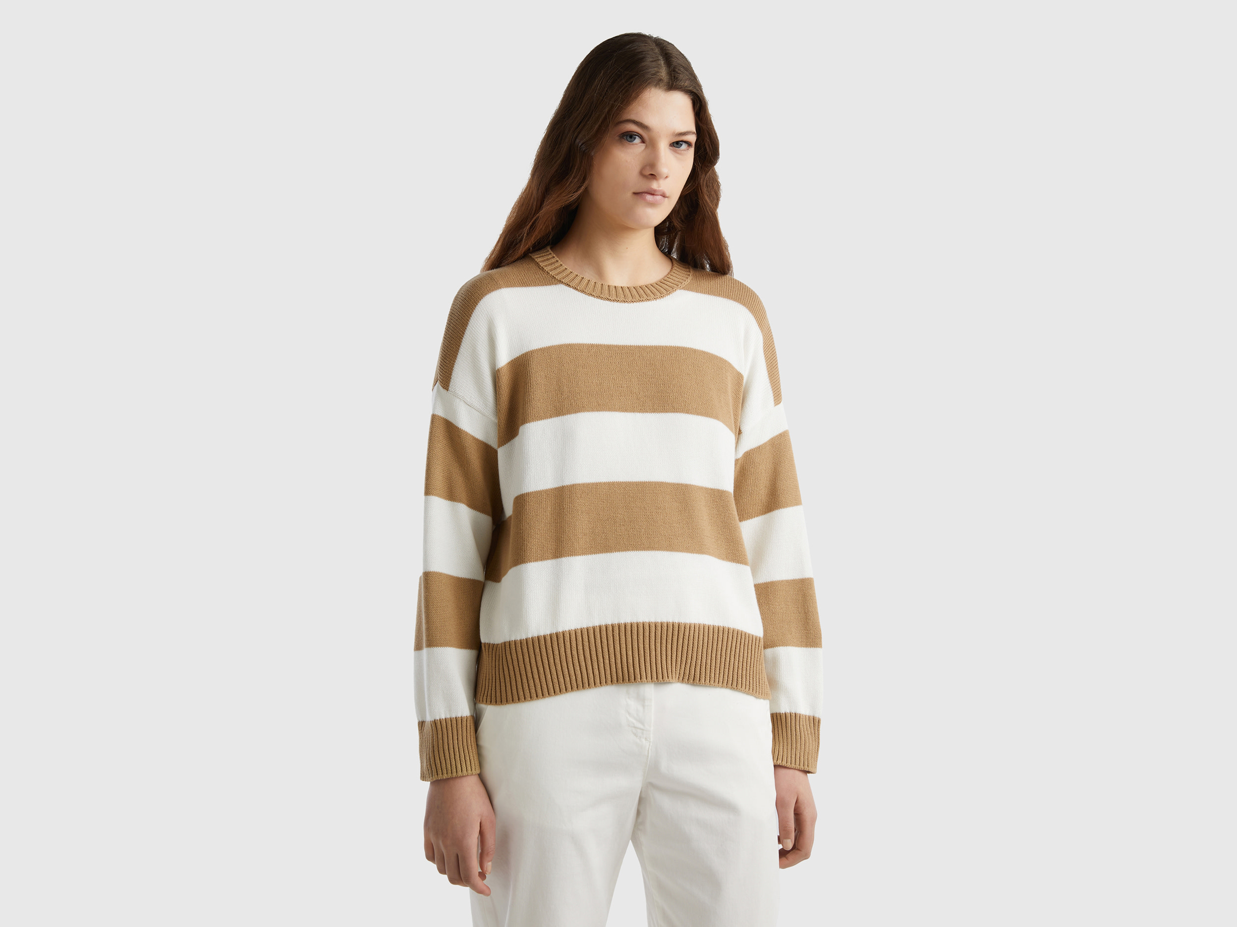 Benetton, Striped Sweater In Tricot Cotton, size S, Camel, Women