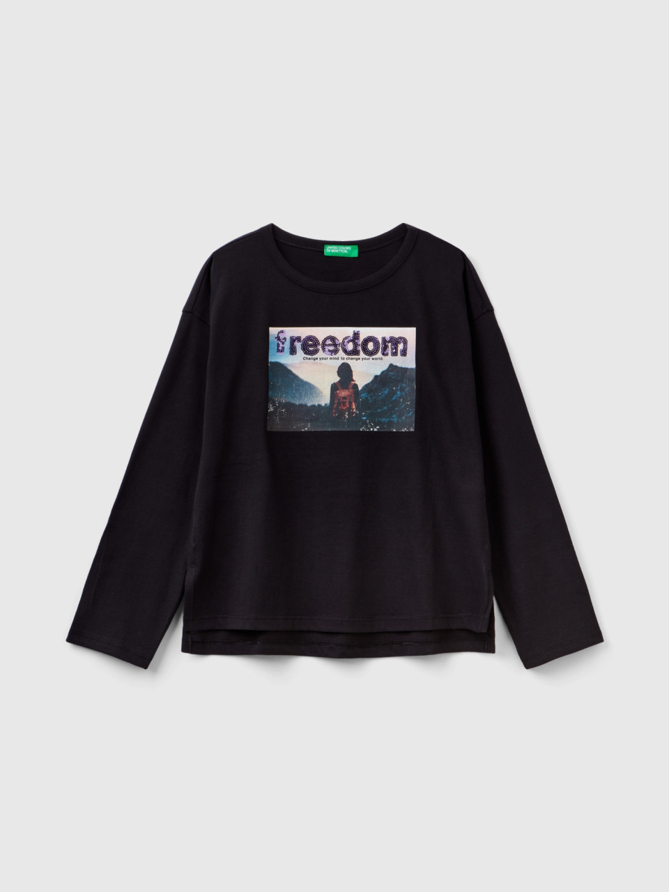 Benetton, T-shirt With Photographic Print, Black, Kids