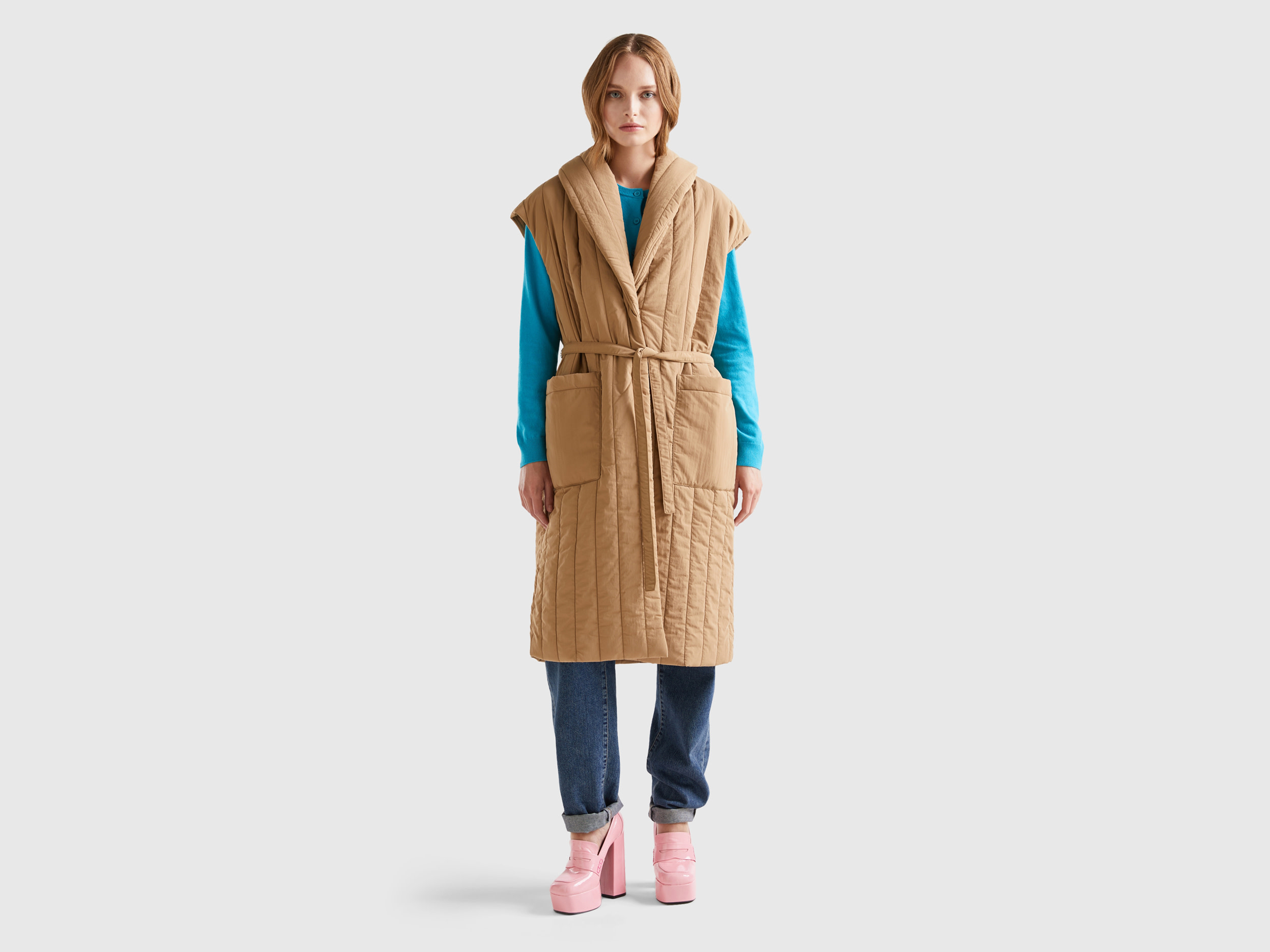 Benetton, Maxi Padded Vest With Wadding, size S, Camel, Women