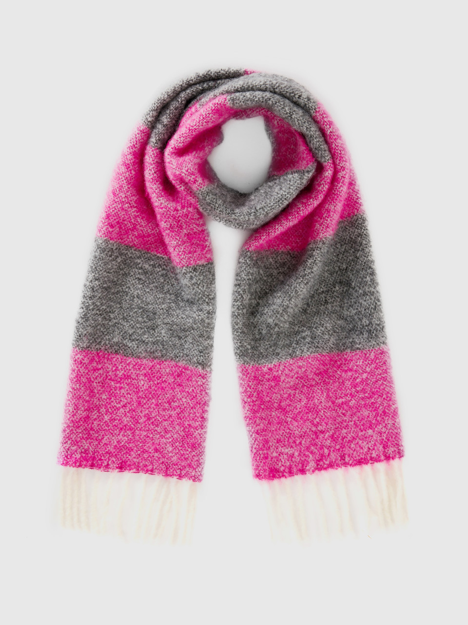 Benetton, Striped Scarf In Recycled Fabric And Wool Blend, Fuchsia, Women