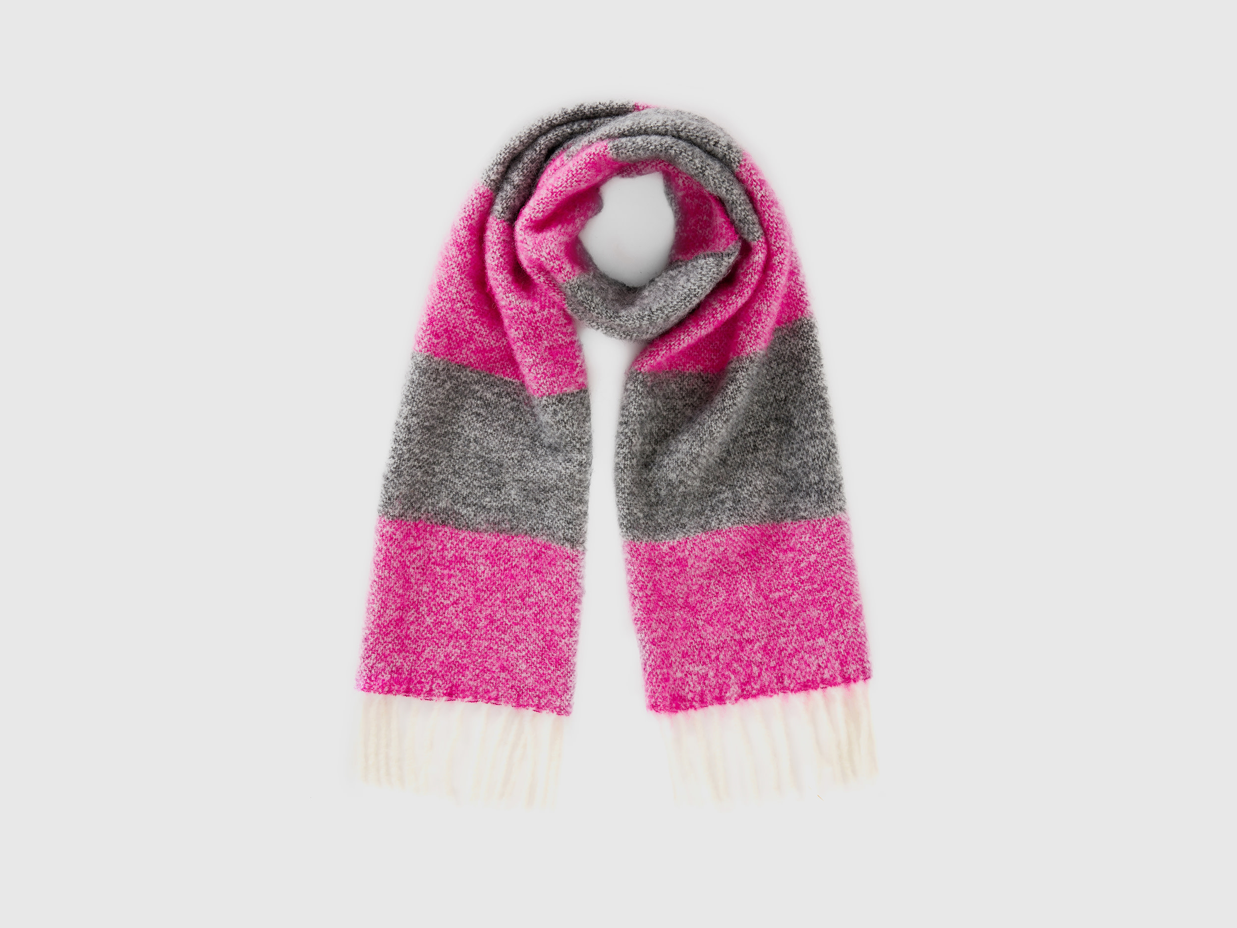 Benetton, Striped Scarf In Recycled Fabric And Wool Blend, size OS, Fuchsia, Women