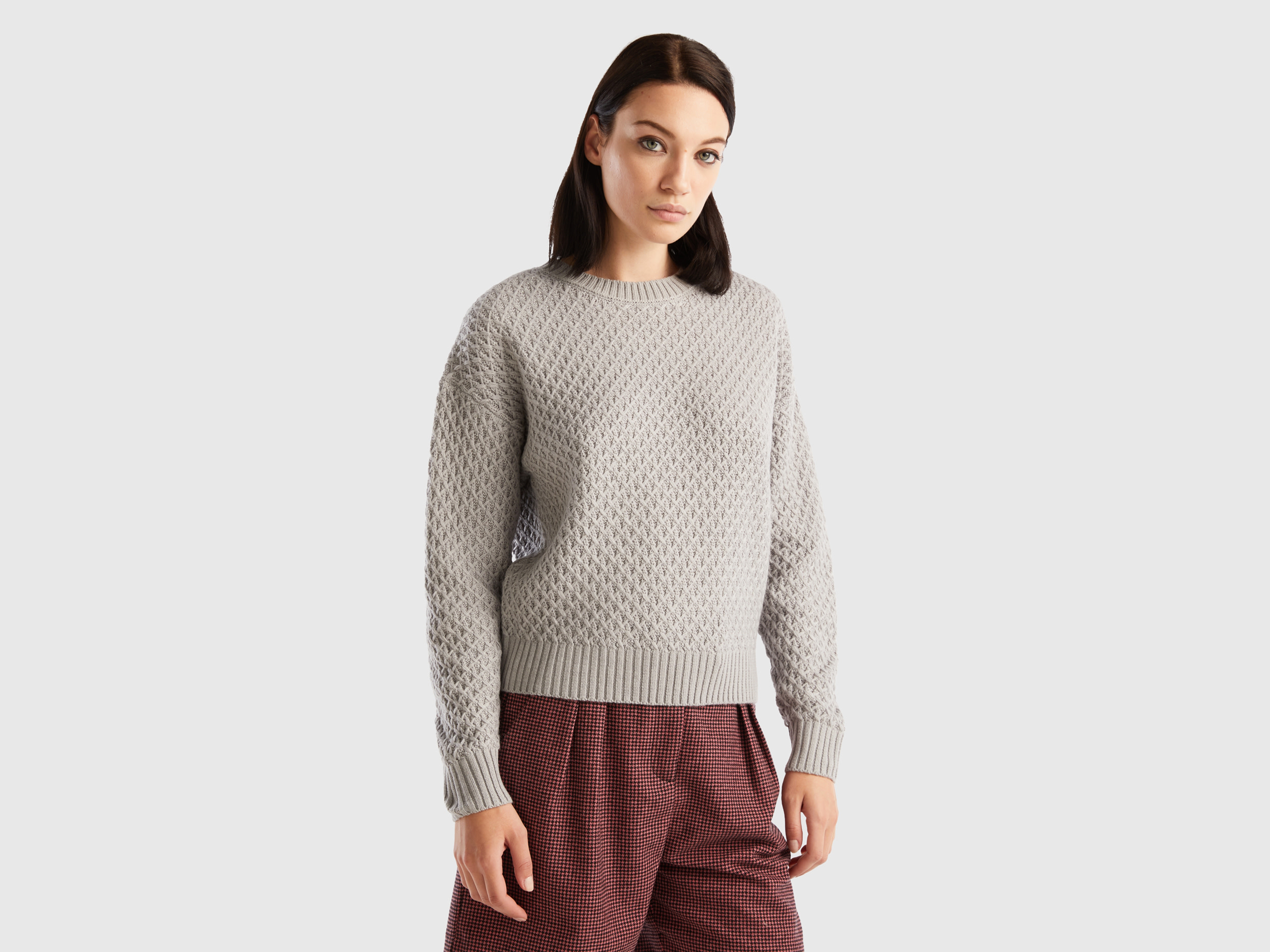 Benetton, Boxy Fit Knit Sweater, size S, Gray, Women