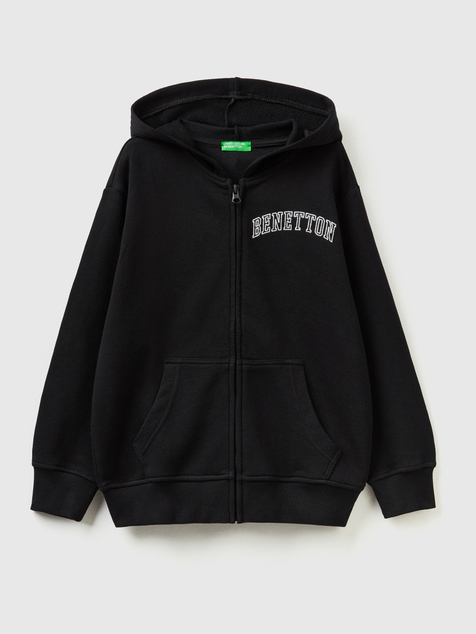 Benetton, Hoodie With Zip And Embroidered Logo, Black, Kids