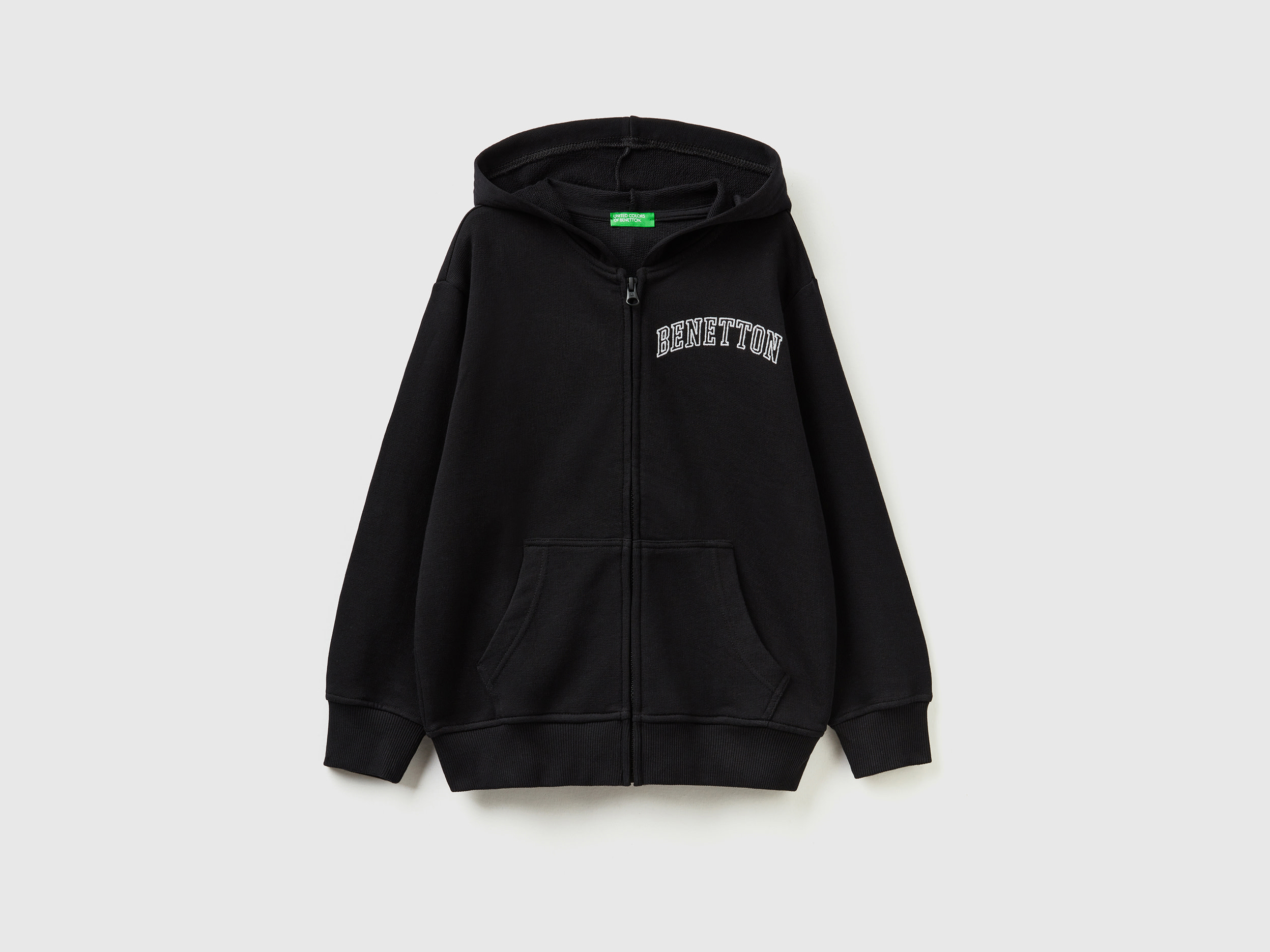 Benetton, Hoodie With Zip And Embroidered Logo, size S, Black, Kids