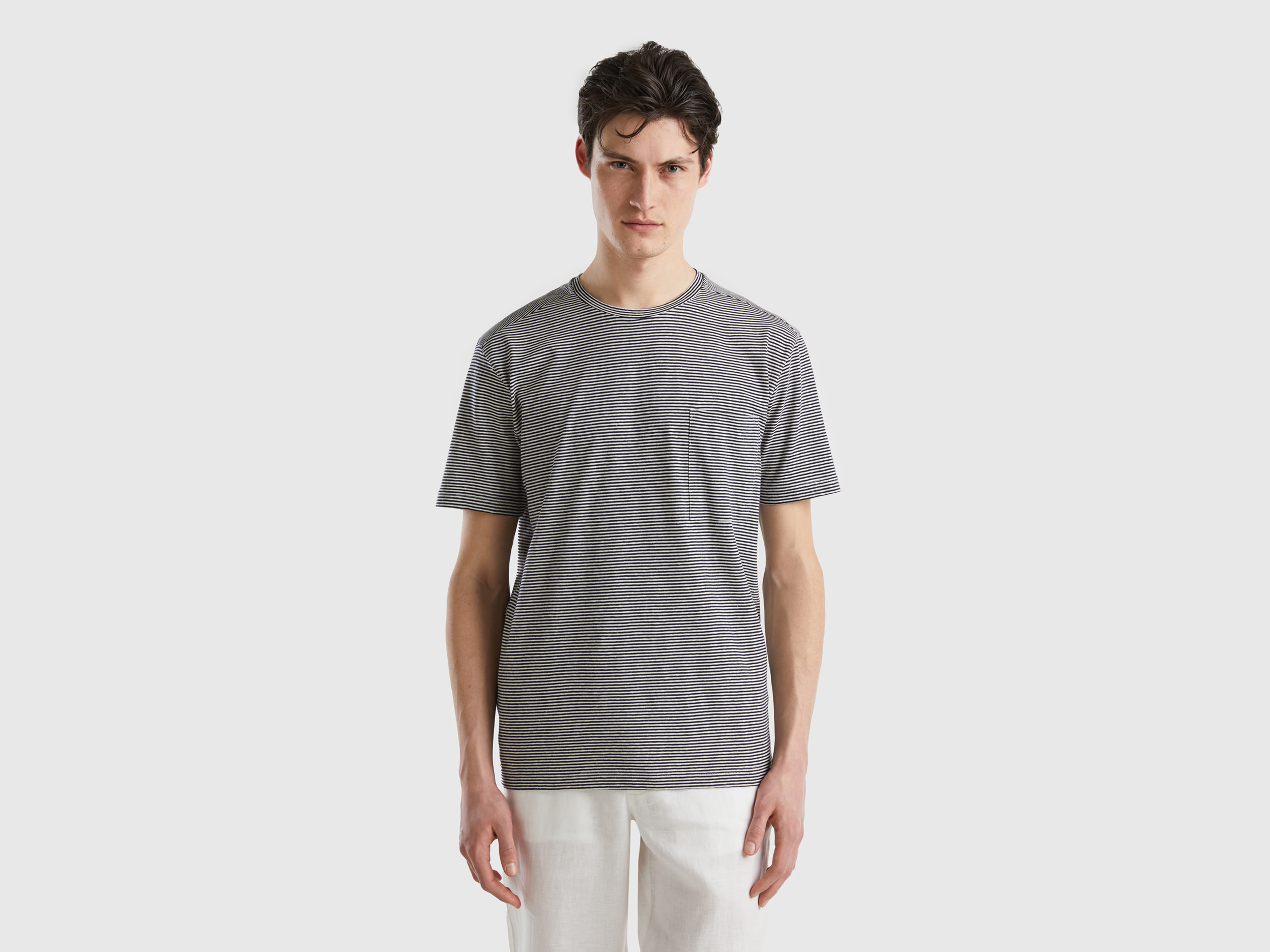 Benetton, Striped T-shirt In Linen Blend, size XL, Dark Blue, Men