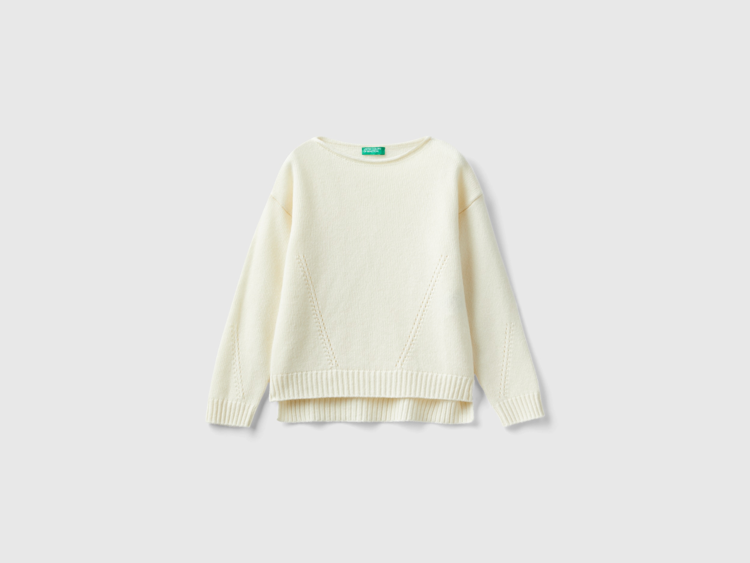 Benetton, Knit Sweater With Playful Stitching, size S, Creamy White, Kids