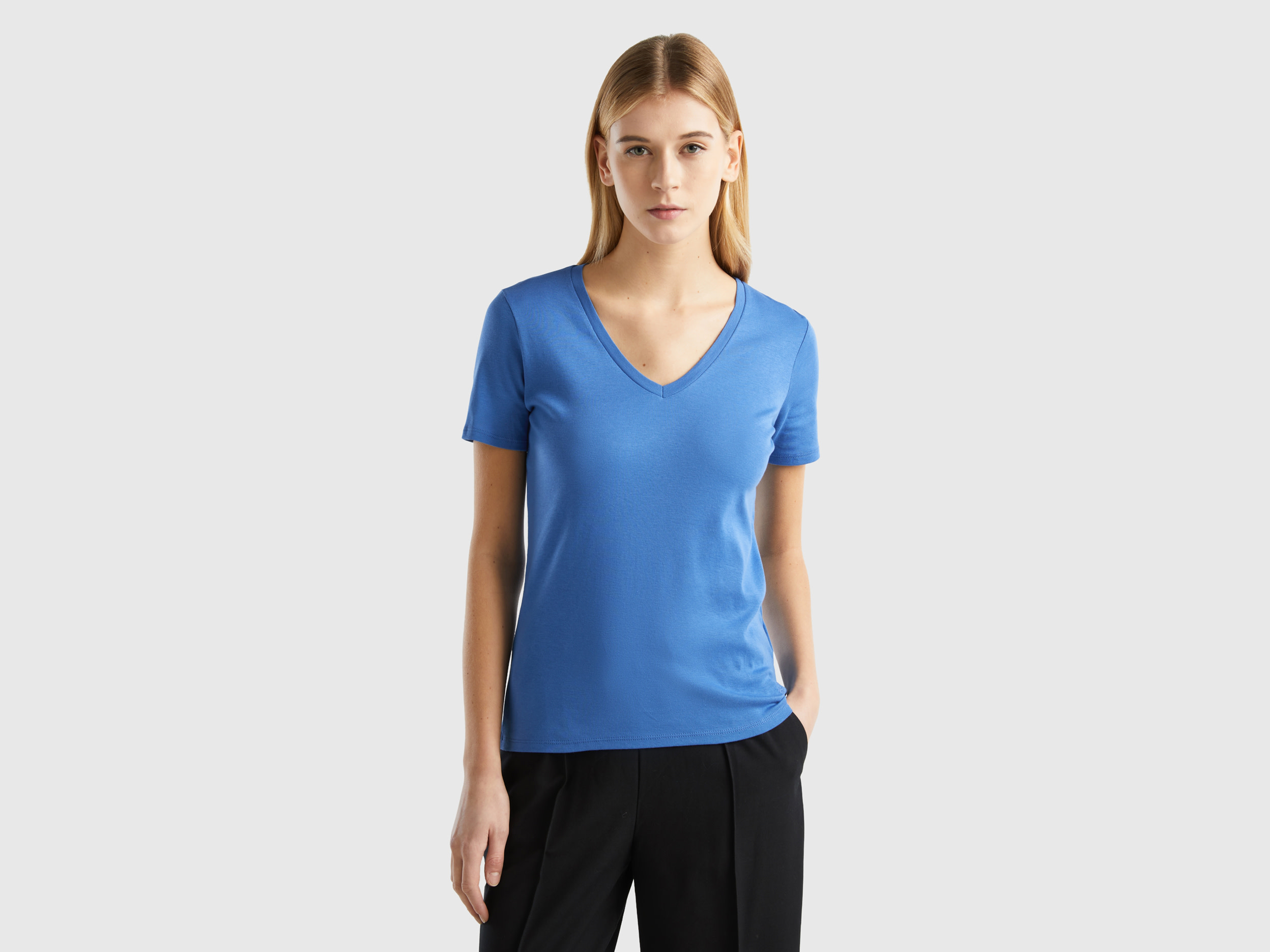 Benetton, Pure Cotton T-shirt With V-neck, size M, Blue, Women