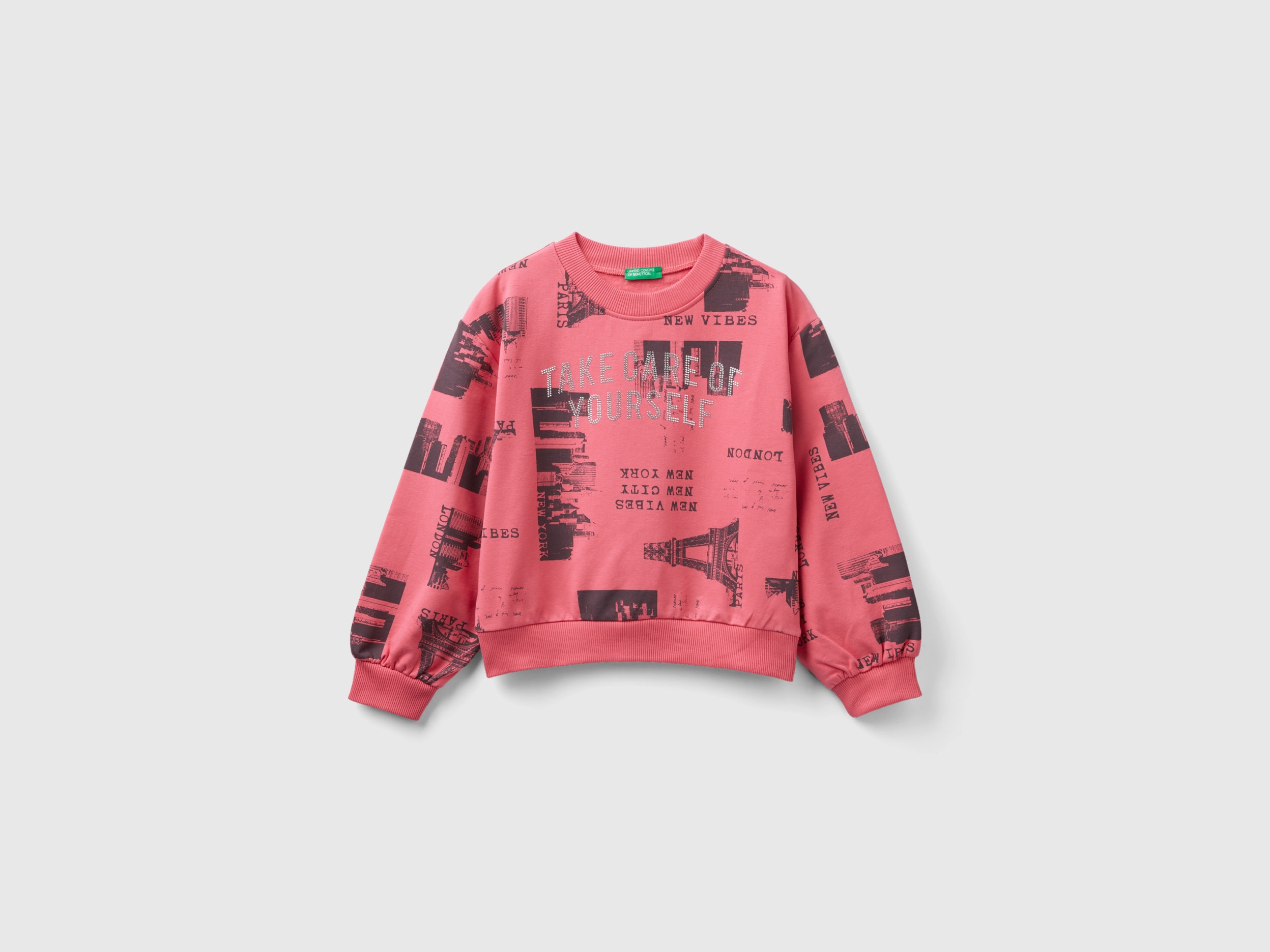 Benetton, Sweatshirt With City Print And Studs, size 2XL, Pink, Kids