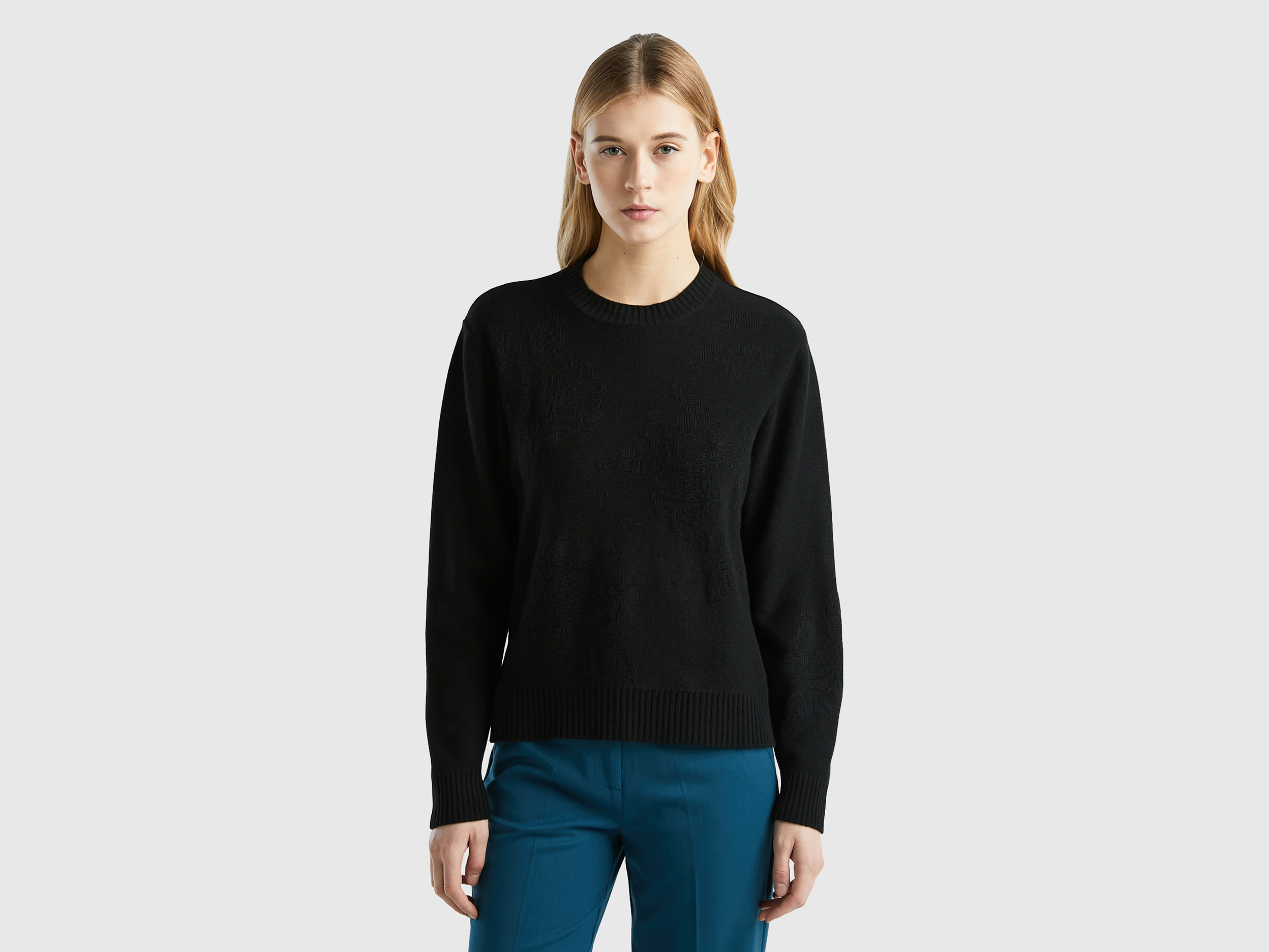 Benetton, Cashmere Blend Sweater With Floral Designs, size L, Black, Women