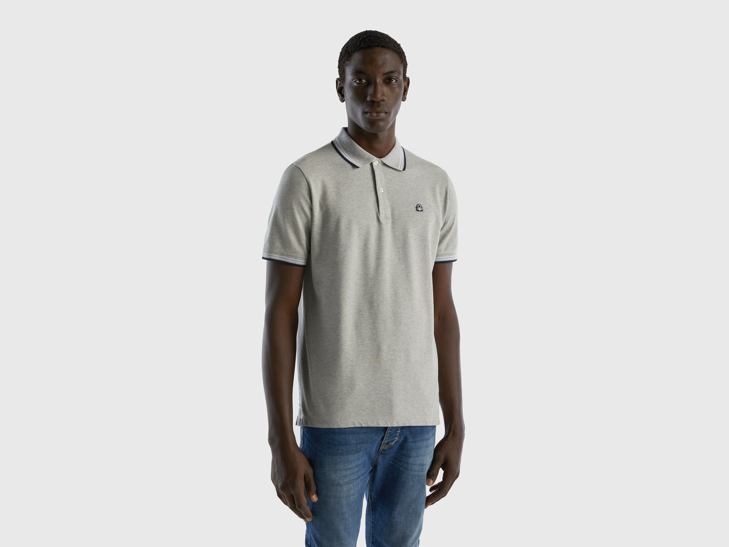 Benetton, Short Sleeve Stretch Cotton Polo, size XXL, Light Gray, Men