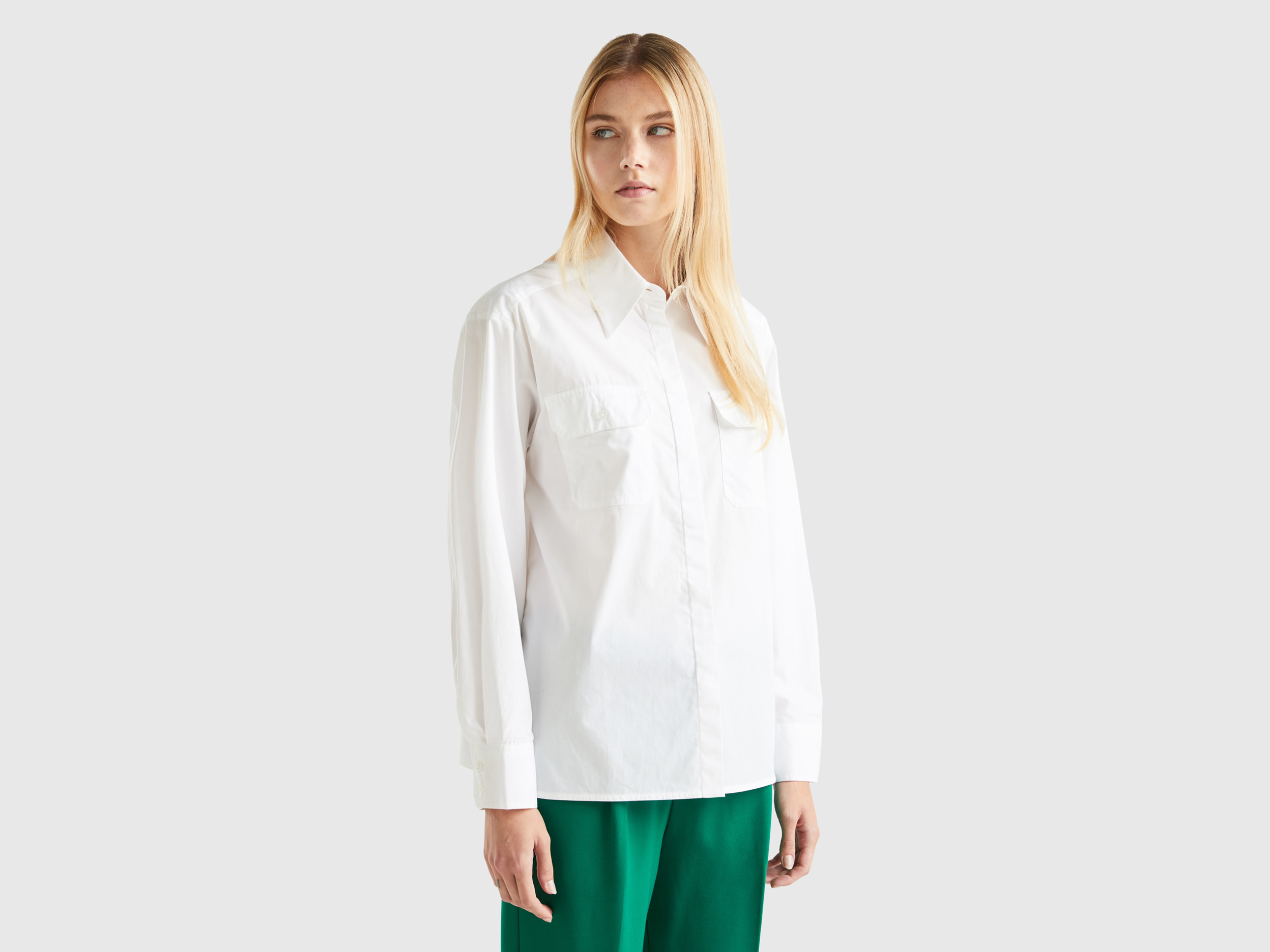 Benetton, Shirt With Pockets And Slits, size L, White, Women