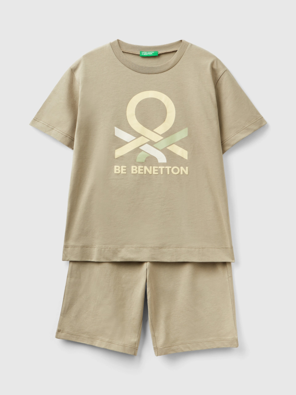 Benetton, Pyjama Court Vert Sauge À Logo, Vert Clair, Enfants