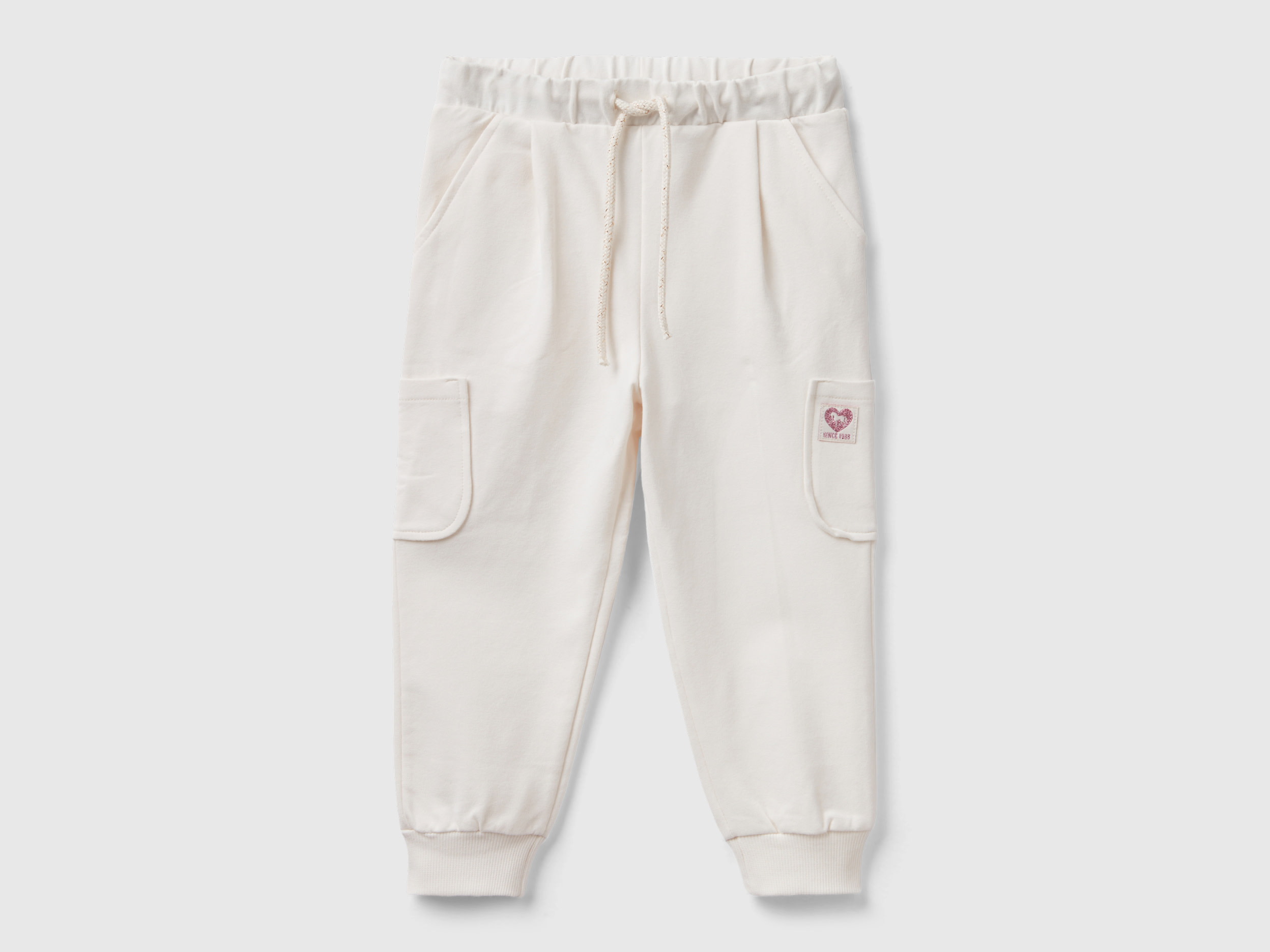 Image of Benetton, Sweat Joggers In Organic Stretch Cotton, size 104, Creamy White, Kids
