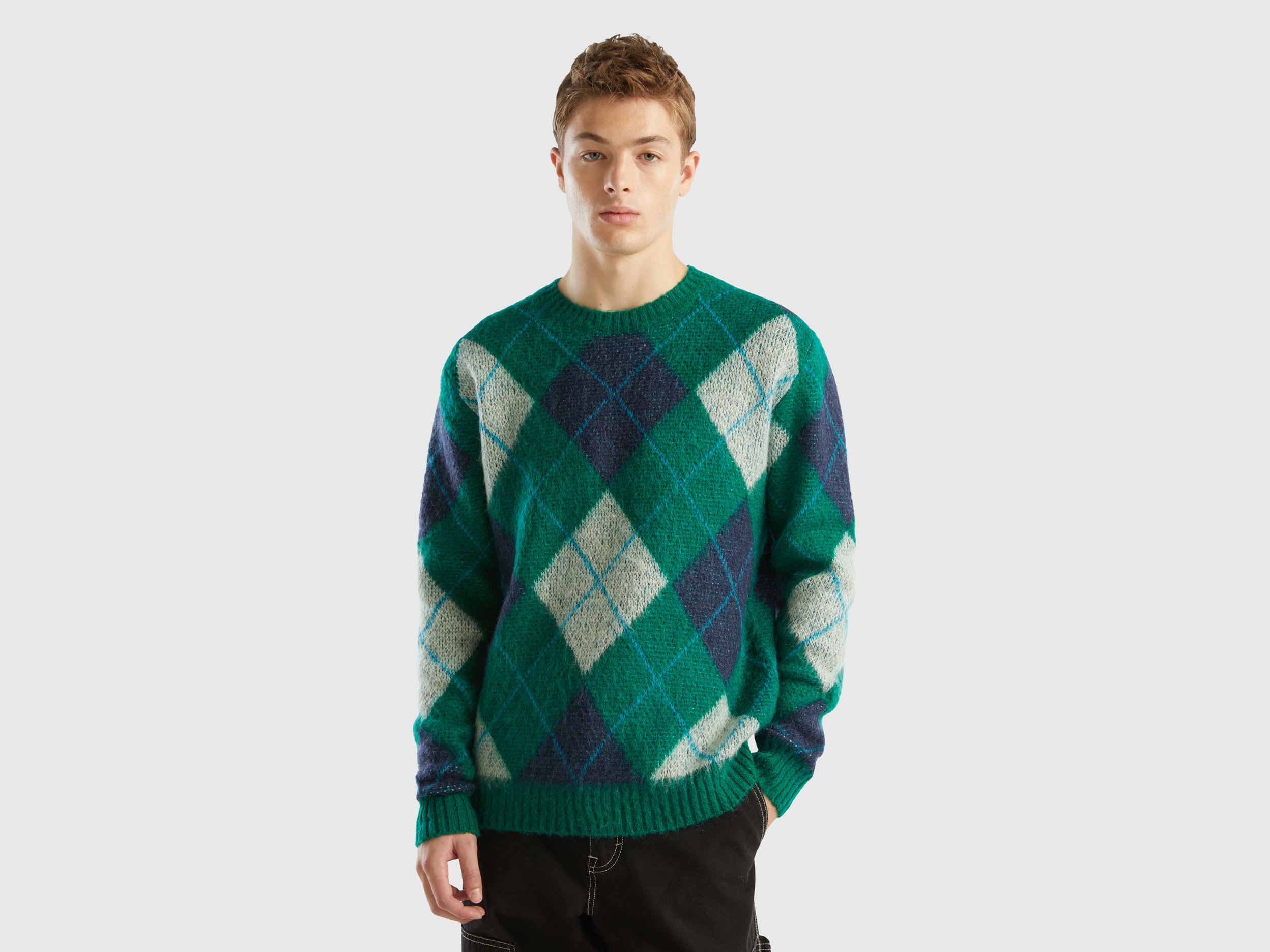 Benetton, Jacquard Sweater With Diamonds, size XL, Green, Men