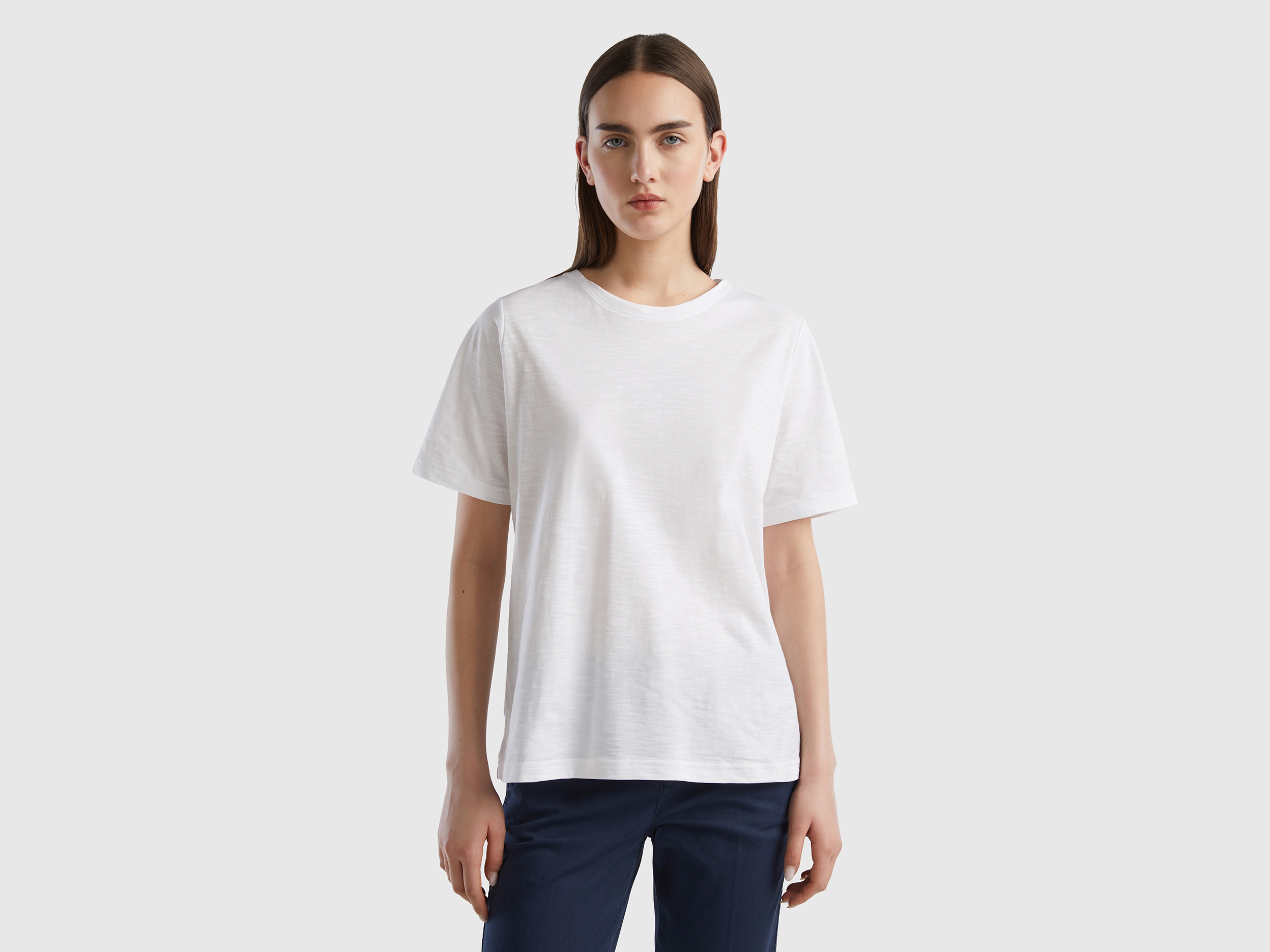 Benetton, Crew Neck T-shirt In Slub Cotton, size XL, White, Women