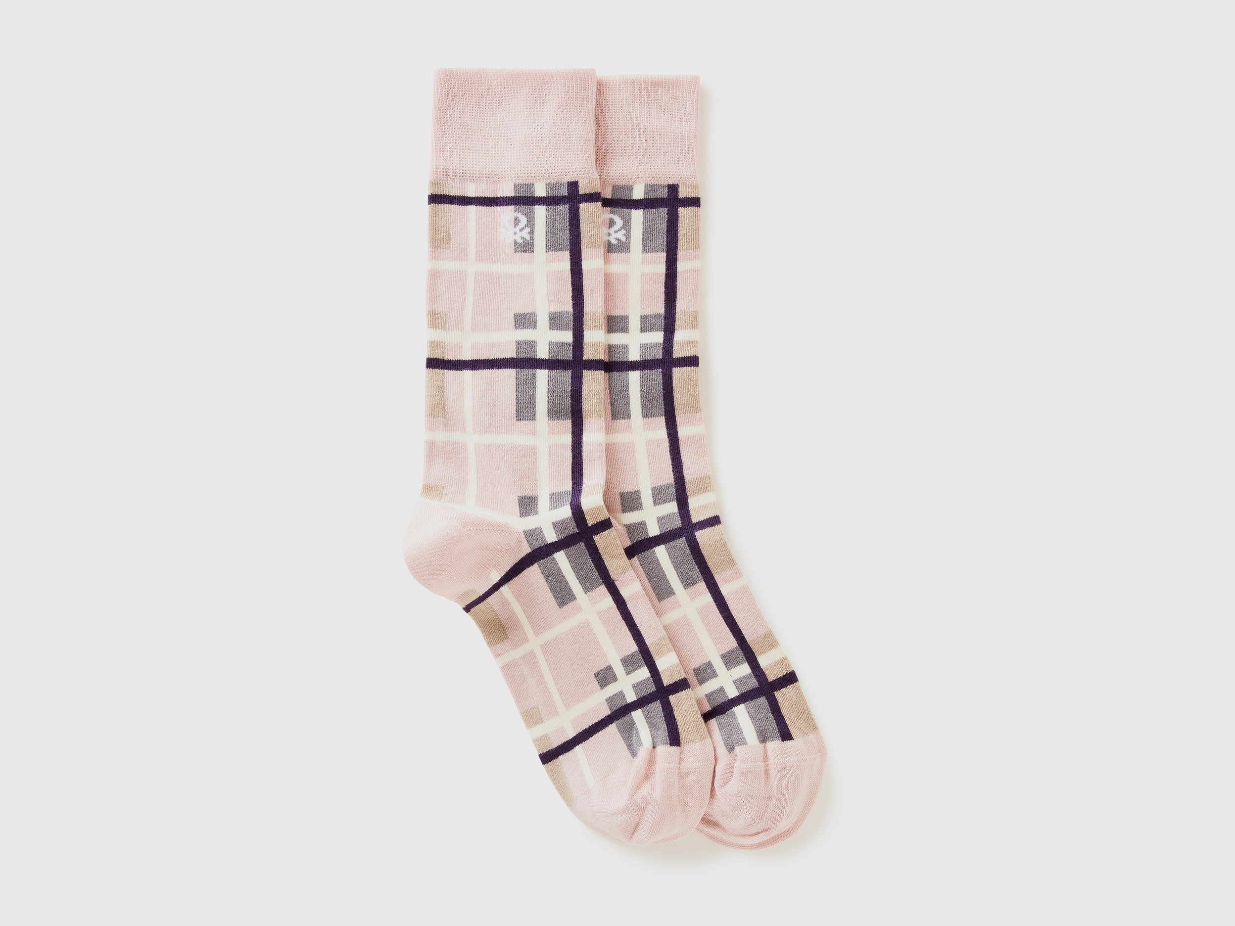 Benetton, Calzini Lunghi Rosa Tartan, Rosa, Donna