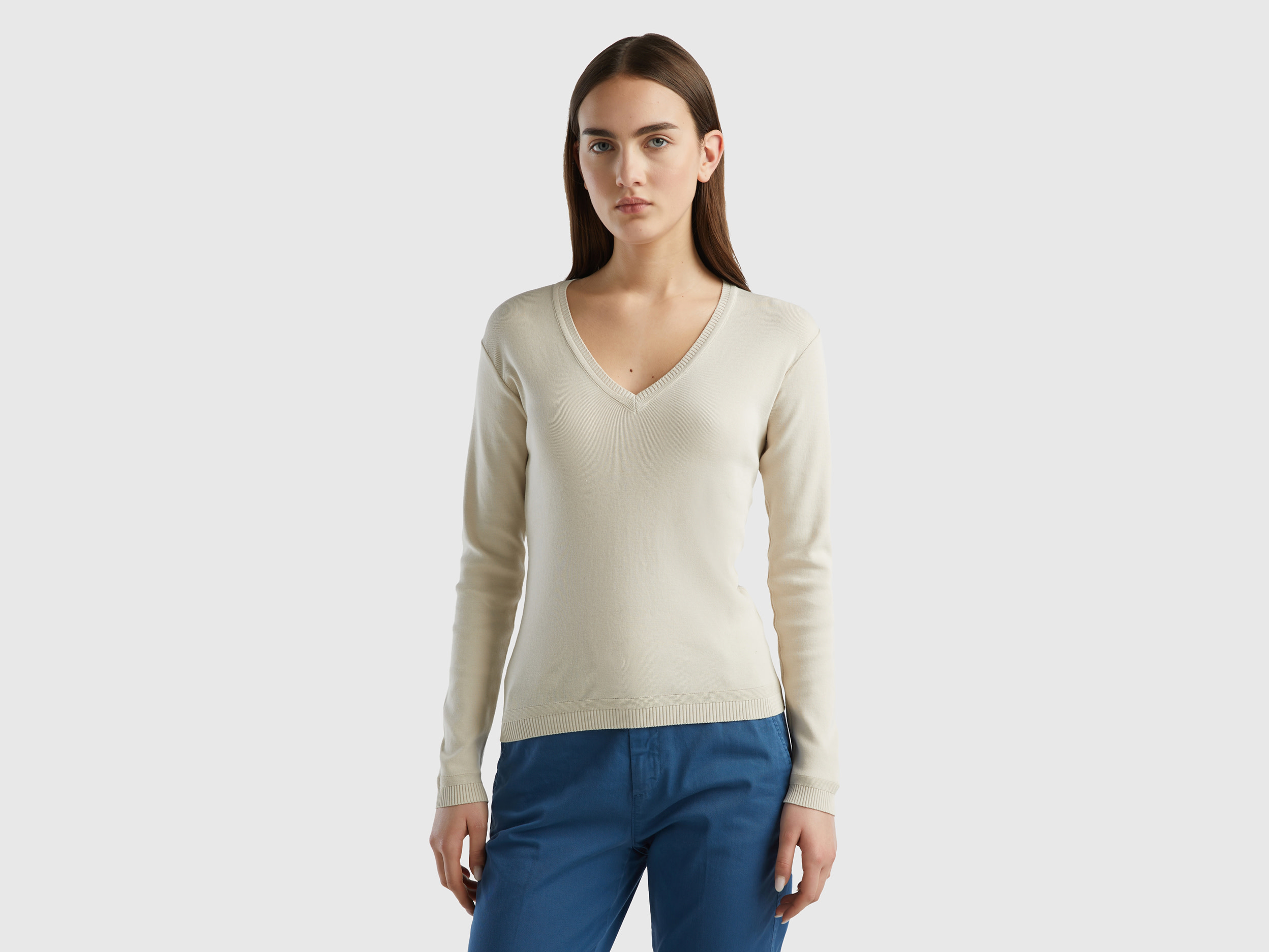 Benetton, V-neck Sweater In Pure Cotton, size M, Beige, Women