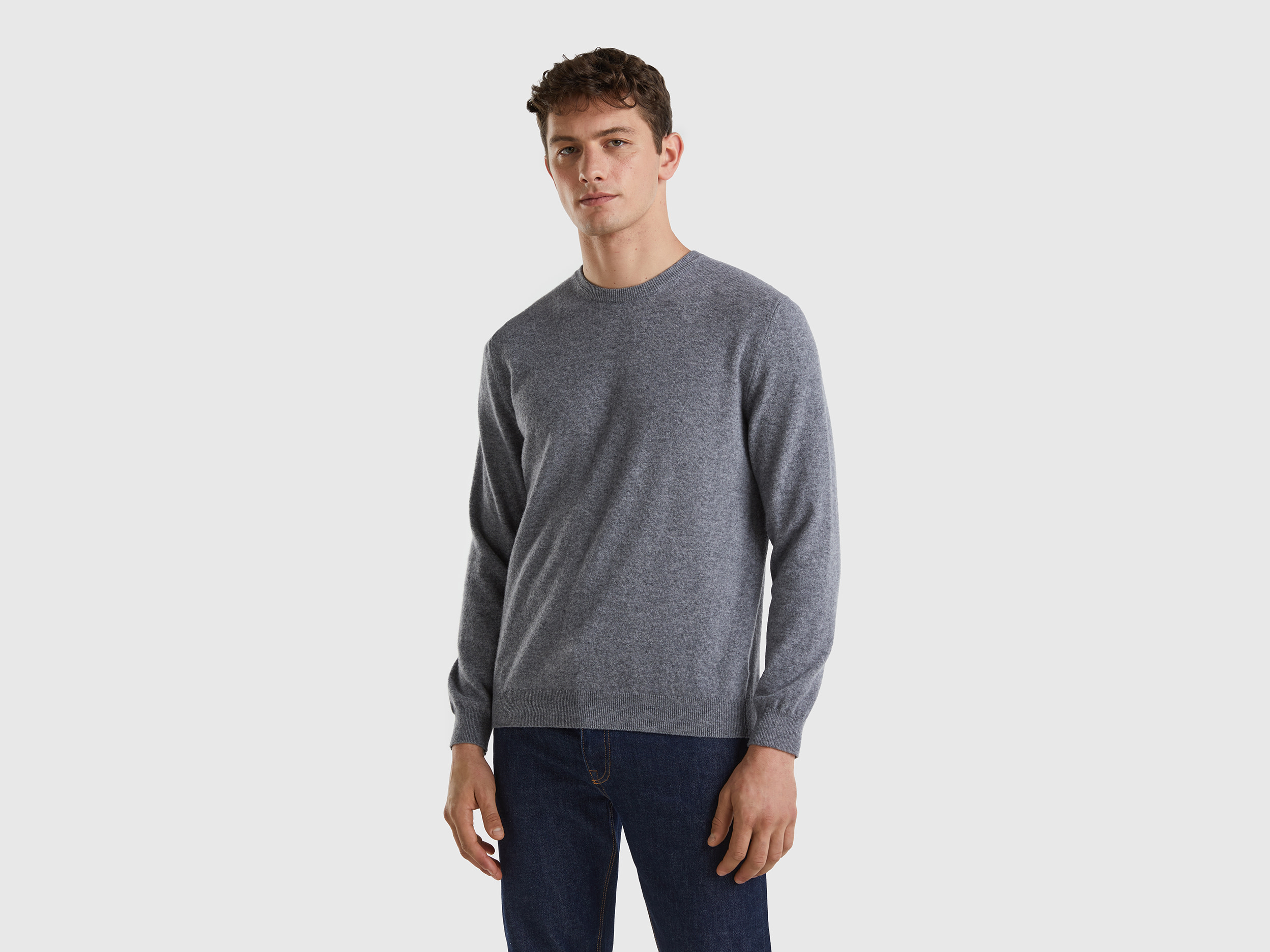 Benetton, Dark Gray Crew Neck Sweater In Pure Merino Wool, size S, Dark Gray, Men