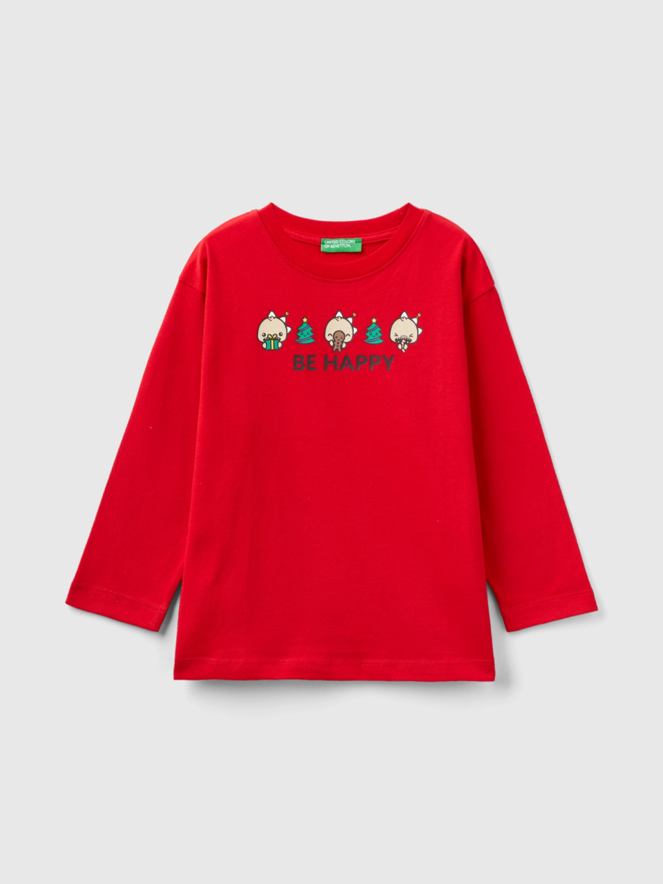 Benetton, Warm T-shirt With Christmas Print, Red, Kids