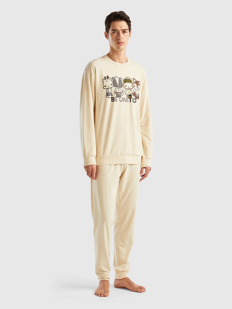Benetton, Pyjama Mit Maskotte-print Aus Stretchiger Baumwolle, Beige, male