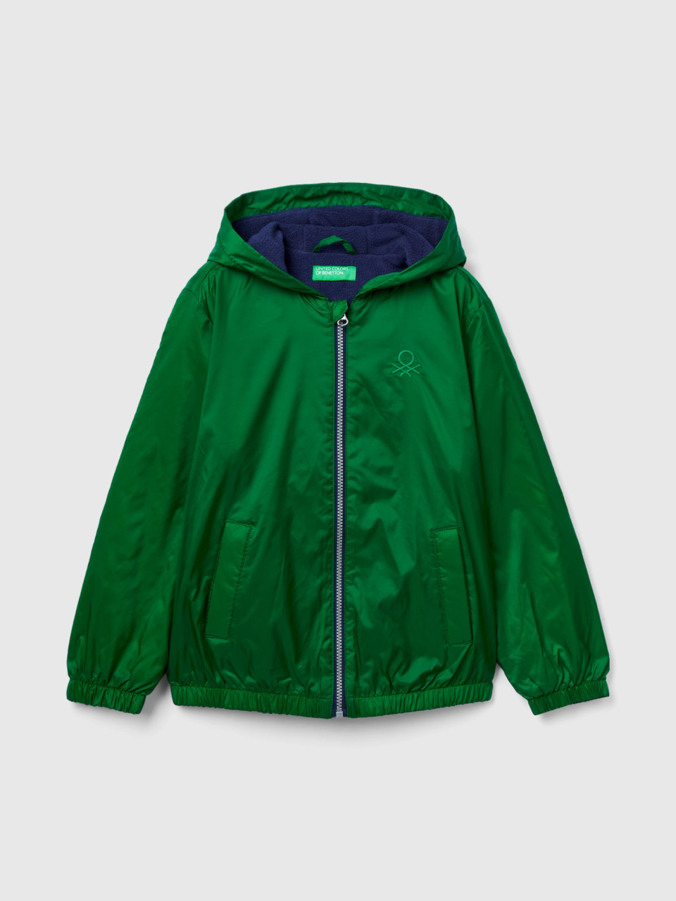 Benetton, Nylon Jacket With Zip And Hood, Green, Kids