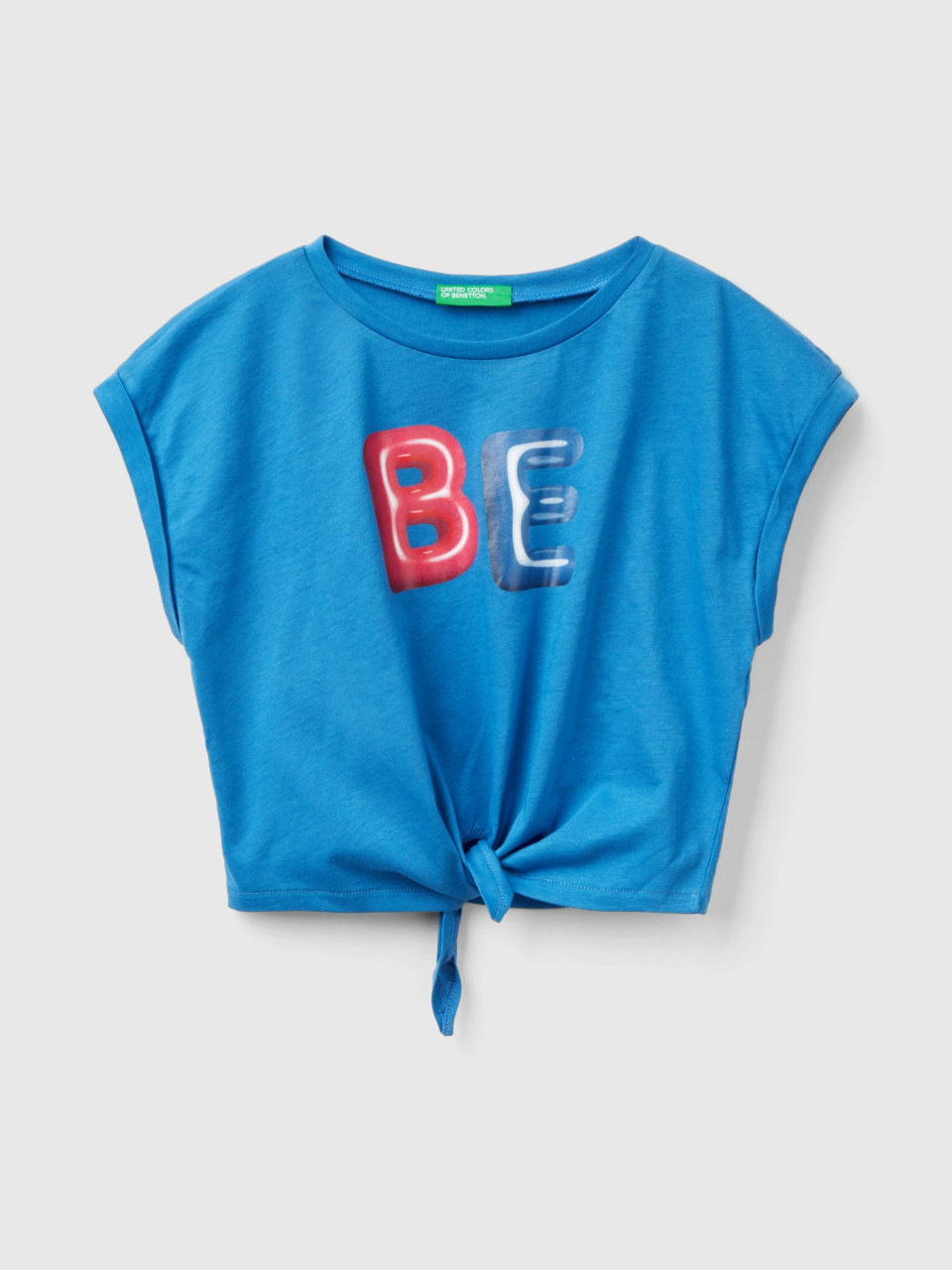 Benetton, T-shirt With Print And Knot, Blue, Kids