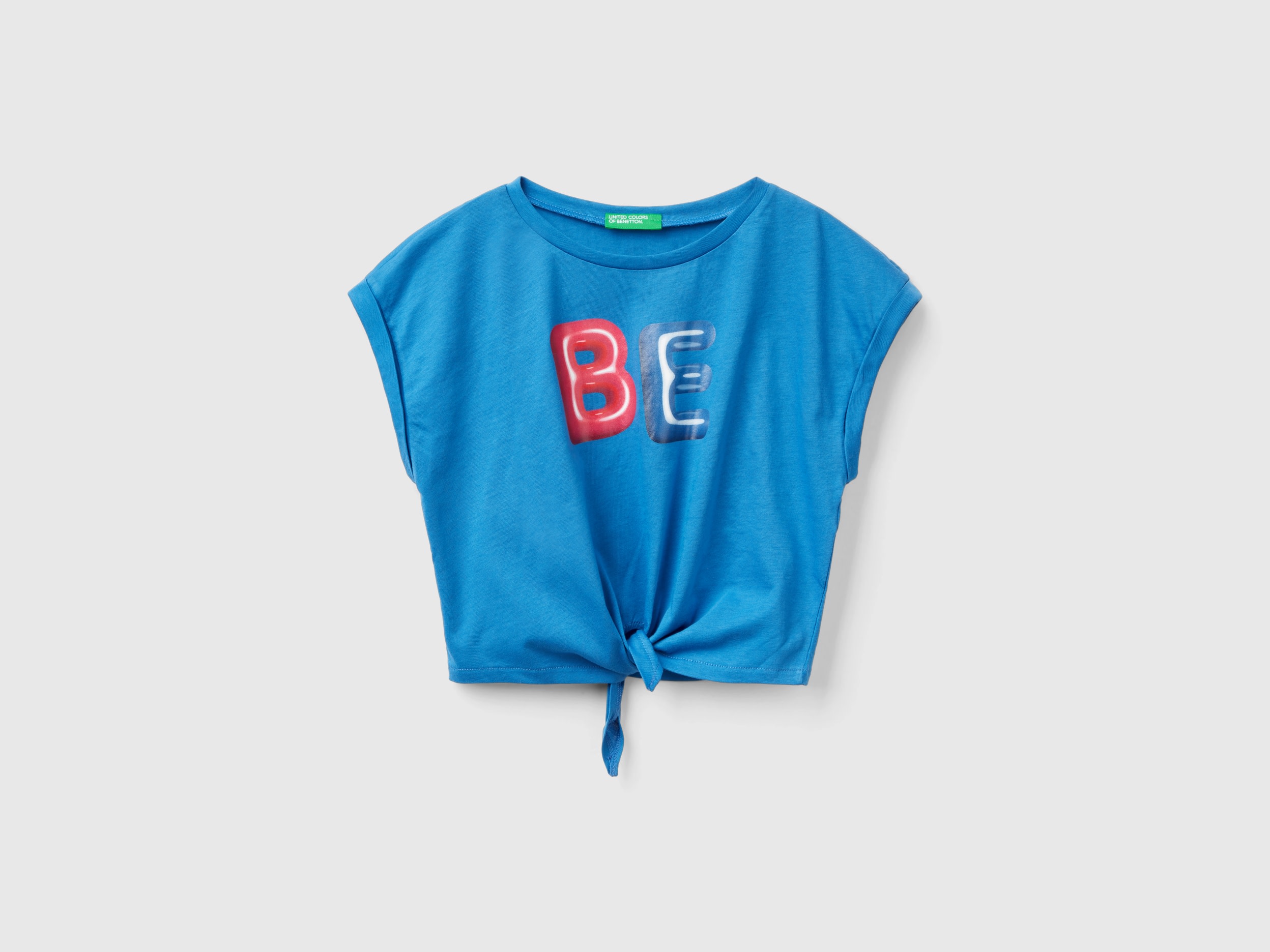 Image of Benetton, T-shirt With Print And Knot, size 2XL, Blue, Kids