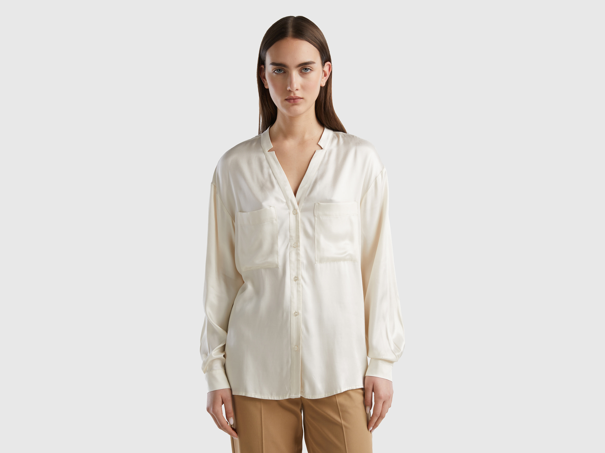 Benetton, Pure Viscose Shirt With Pockets, size L, Creamy White, Women