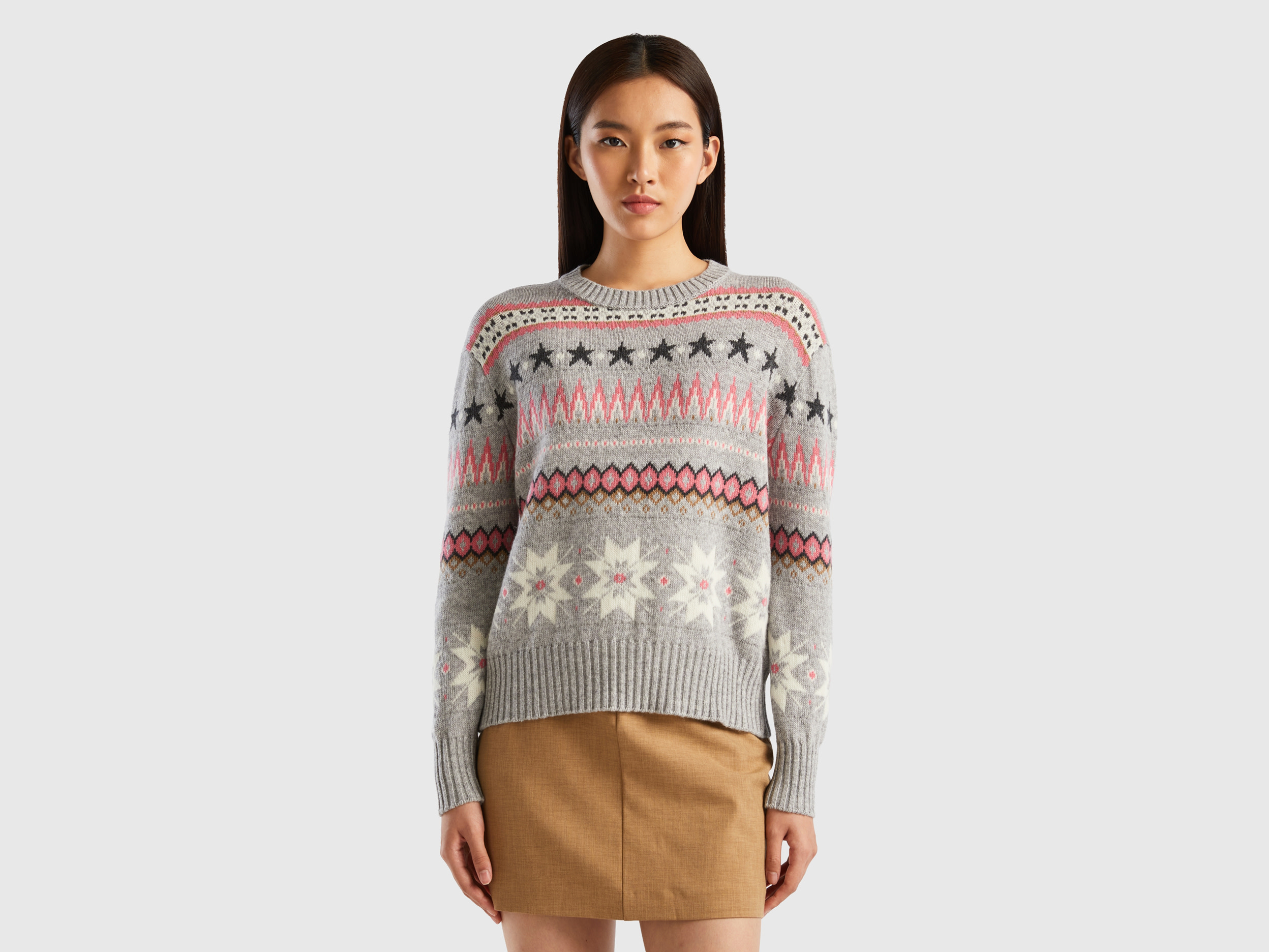 Benetton, Boxy Fit Sweater With Geo Patterns, size XS-S, Light Gray, Women