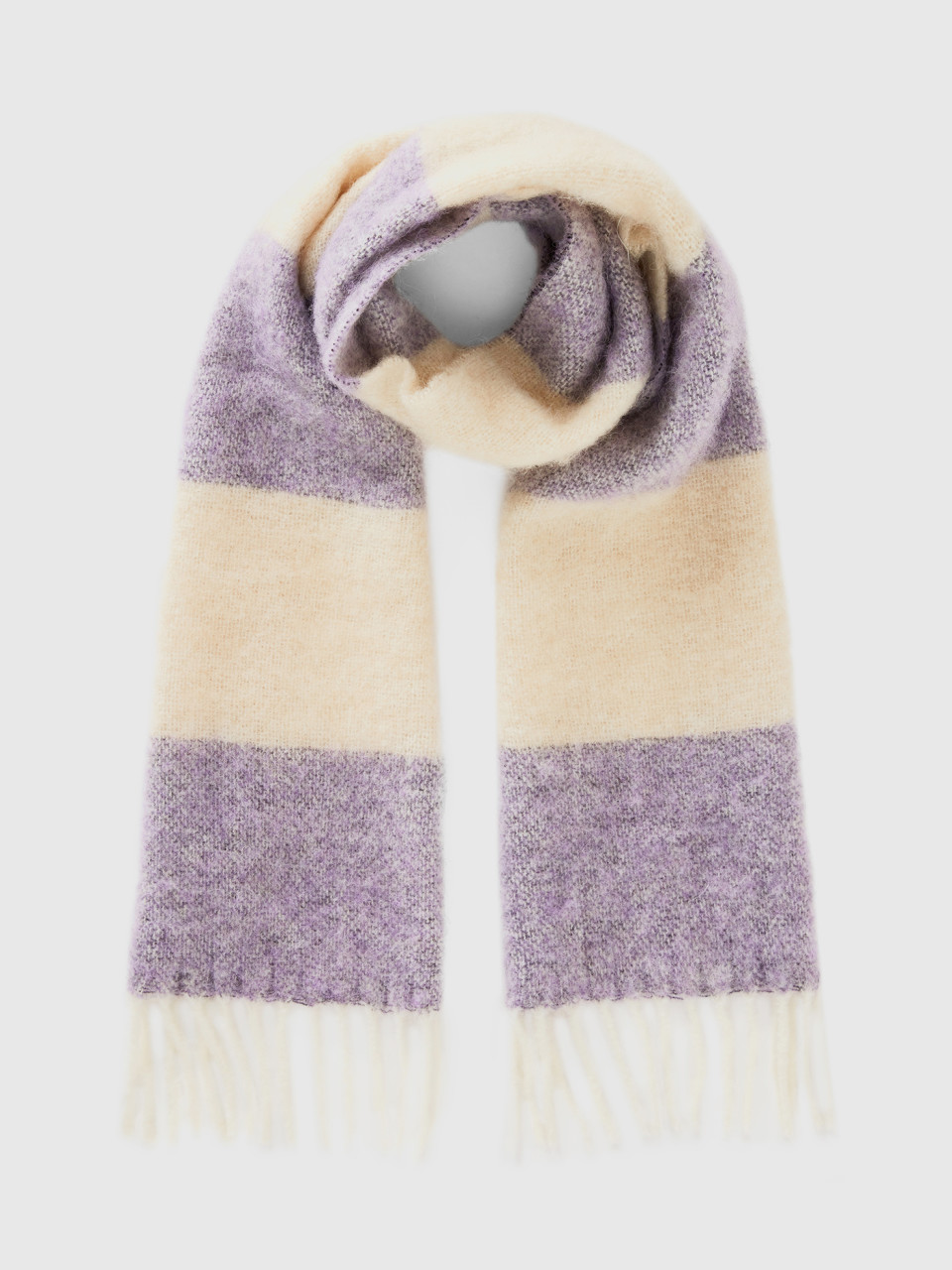 Benetton, Striped Scarf In Recycled Fabric And Wool Blend, Lilac, Women