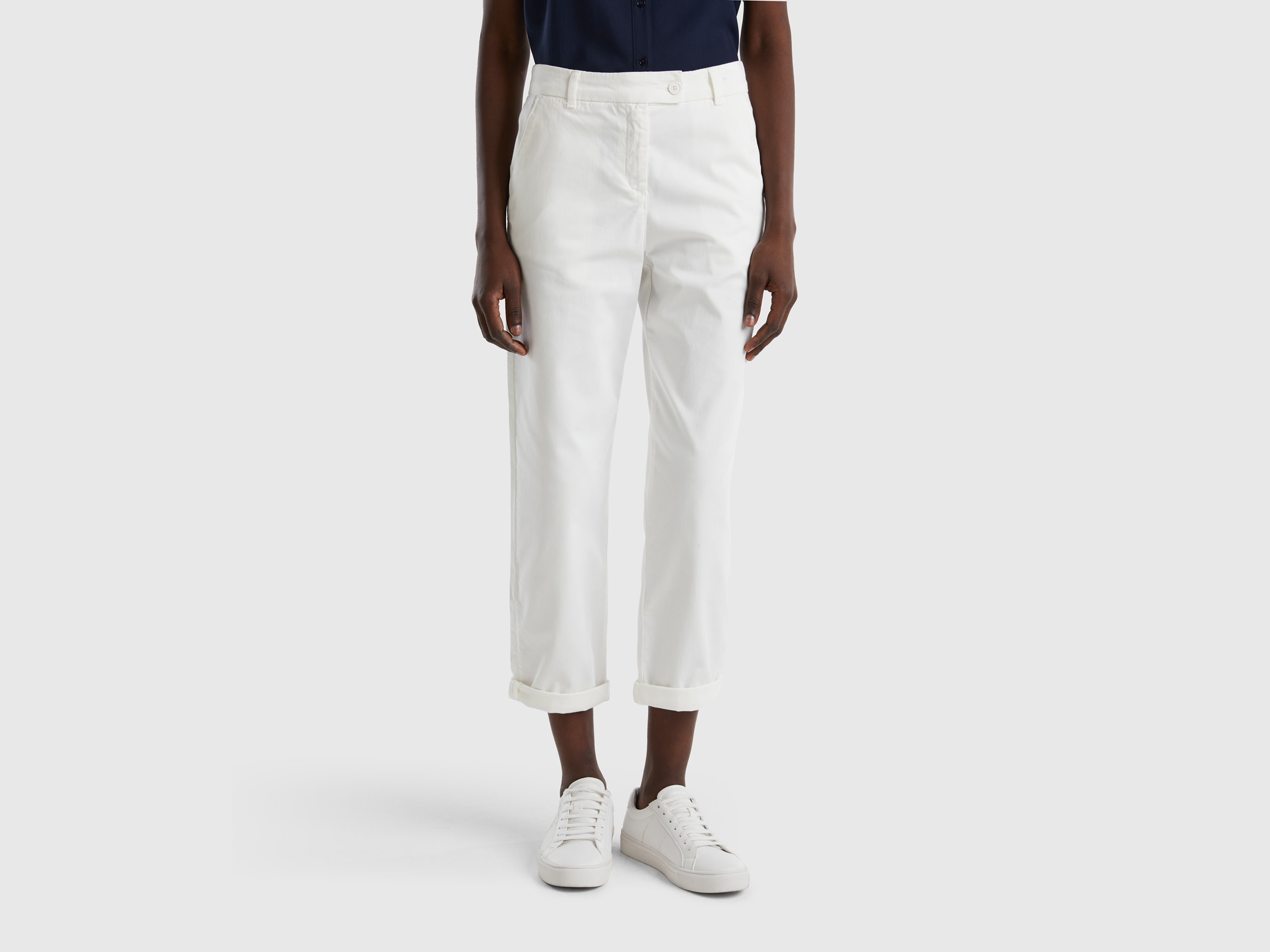Benetton, Stretch Cotton Chino Trousers, size 10, Creamy White, Women