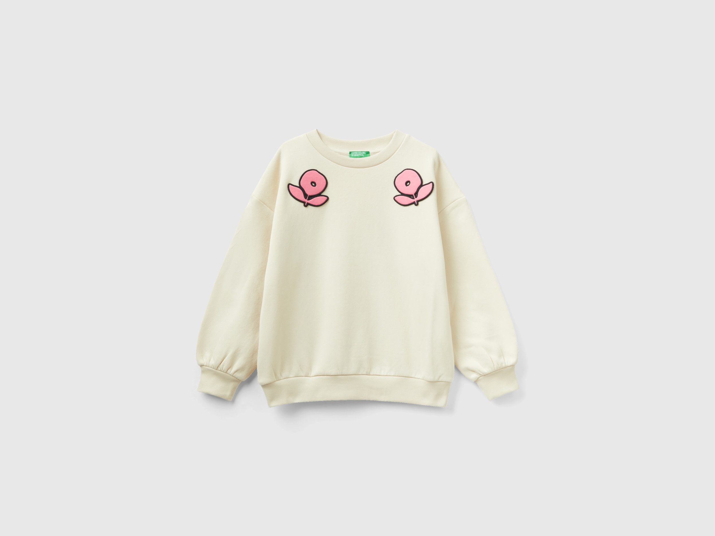 Benetton, Sweatshirt With Flower Patch, size M, Creamy White, Kids