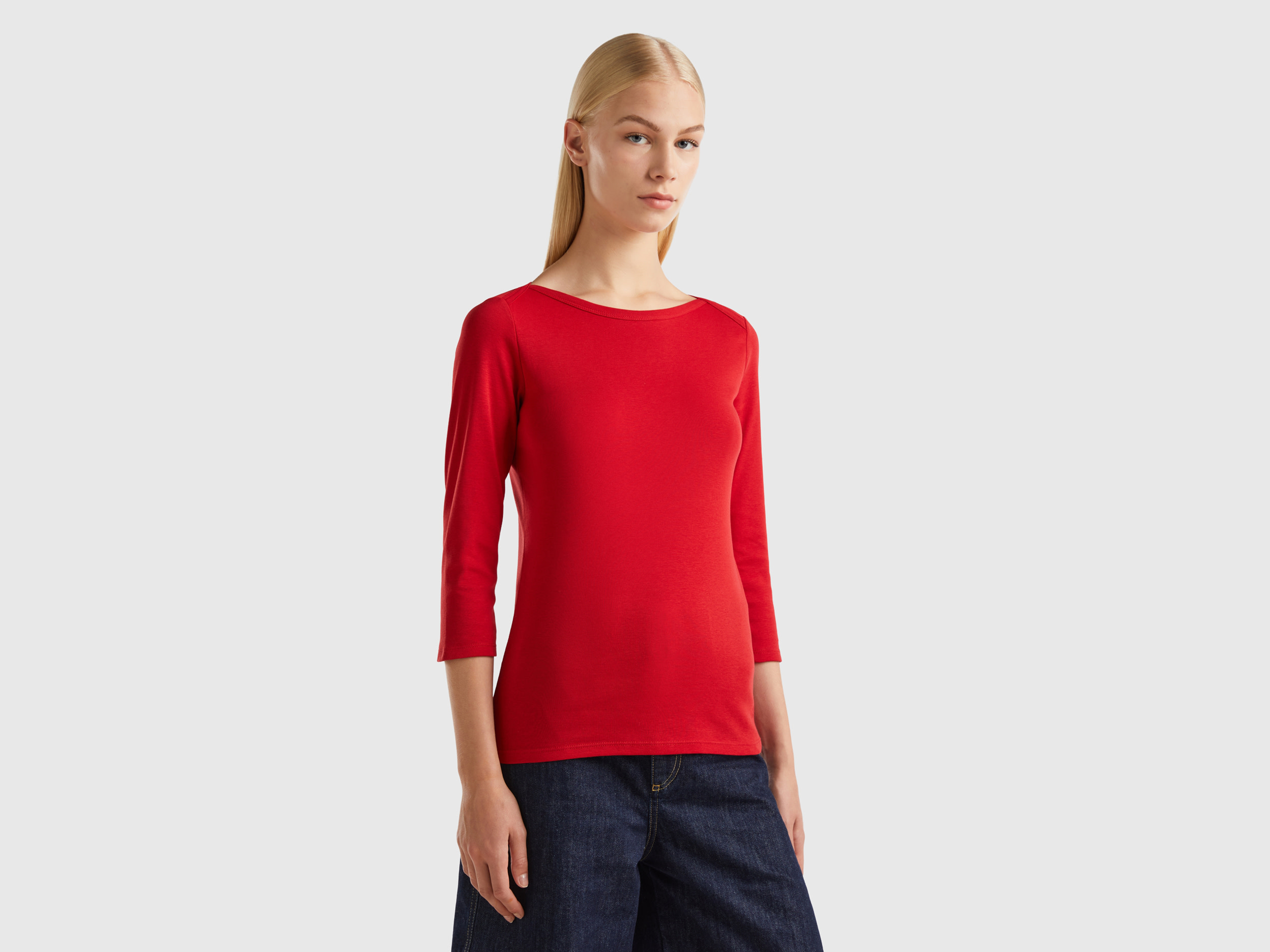 Benetton, T-shirt With Boat Neck In 100% Cotton, size L, Red, Women