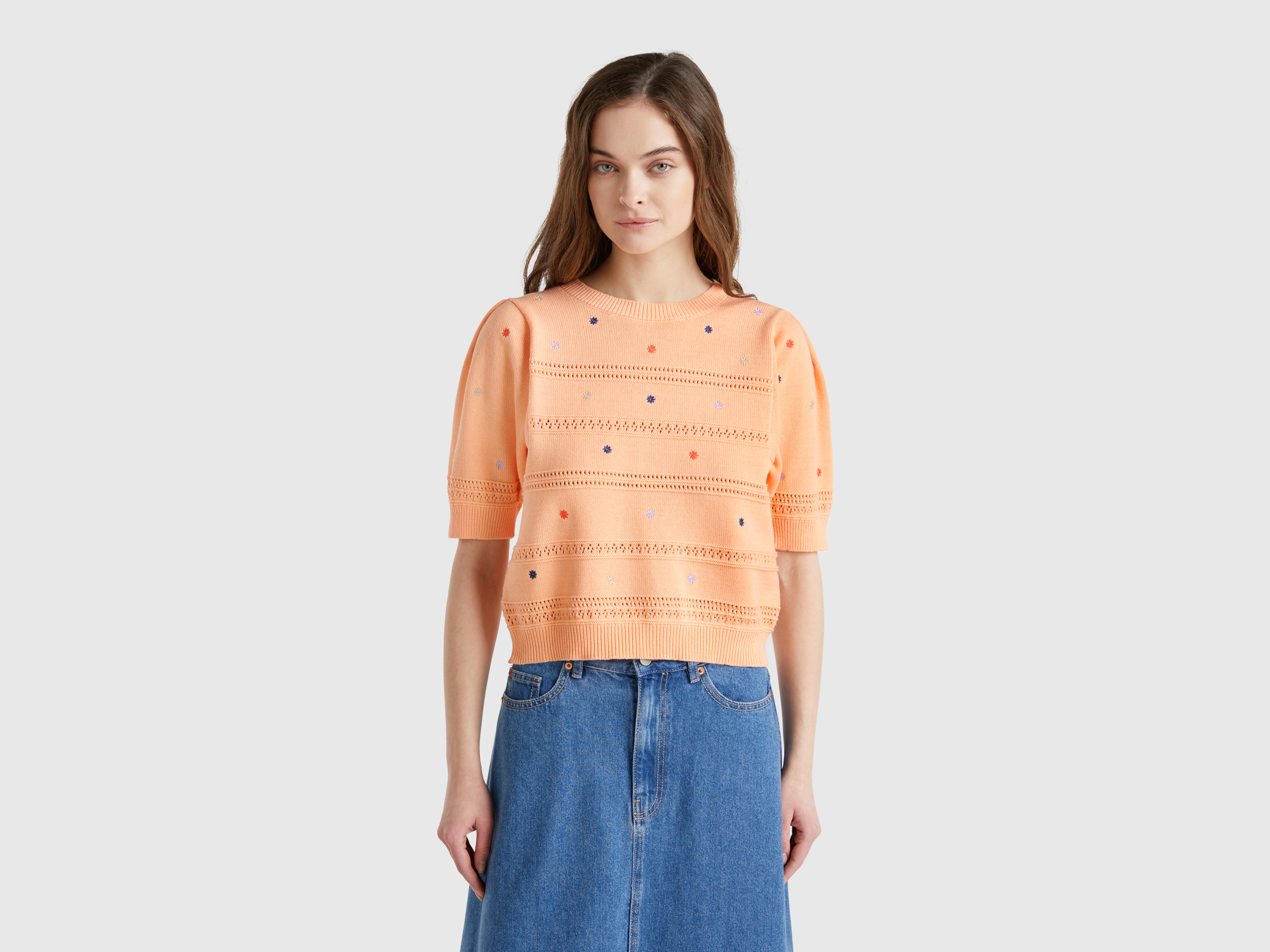 Benetton, Pull À Fleurs Brodées, taille L, Rose Pêche - United Colors of Benetton - Modalova