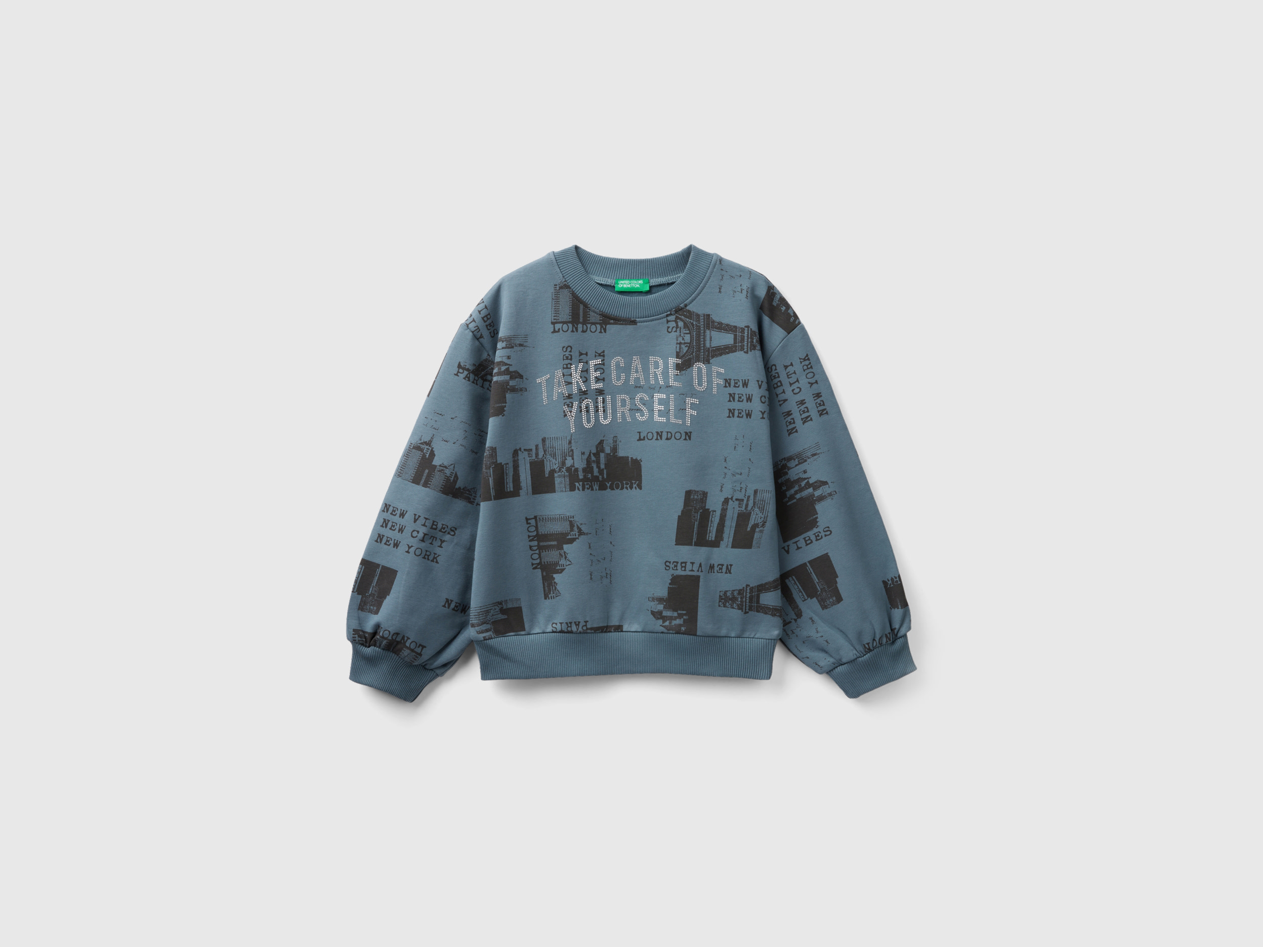 Benetton, Sweatshirt With City Print And Studs, size M, Teal, Kids