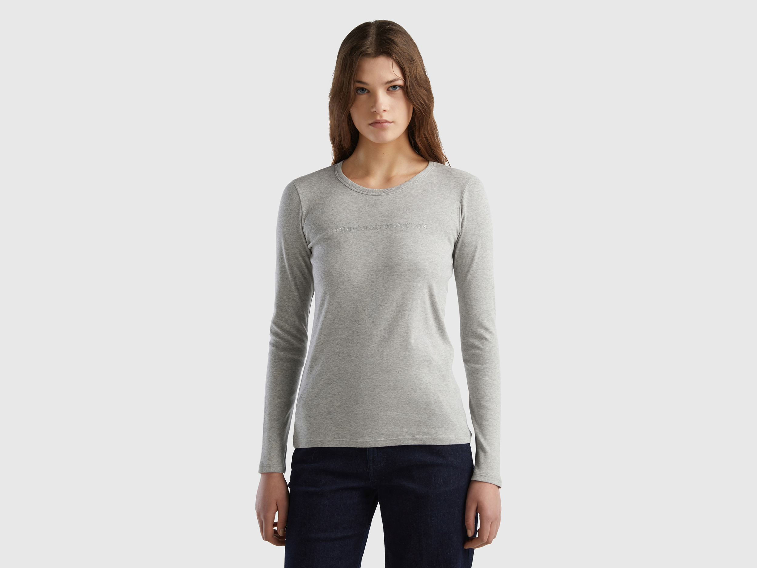 Benetton, Long Sleeve Gray T-shirt In 100% Cotton, size XS, Light Gray, Women