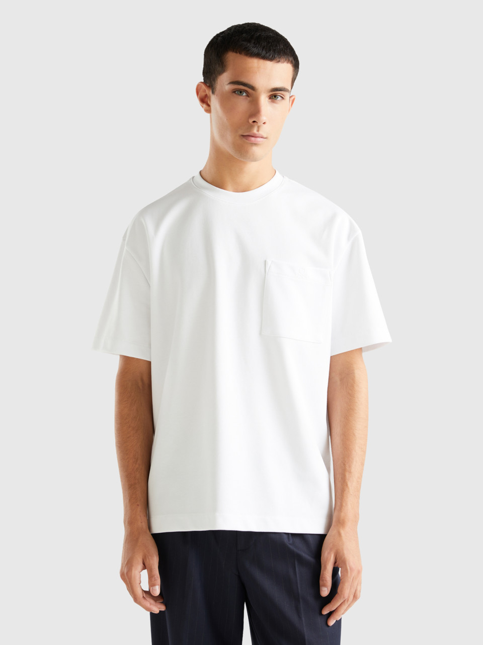 Benetton, T-shirt Oversize À Petite Poche, Blanc, Homme