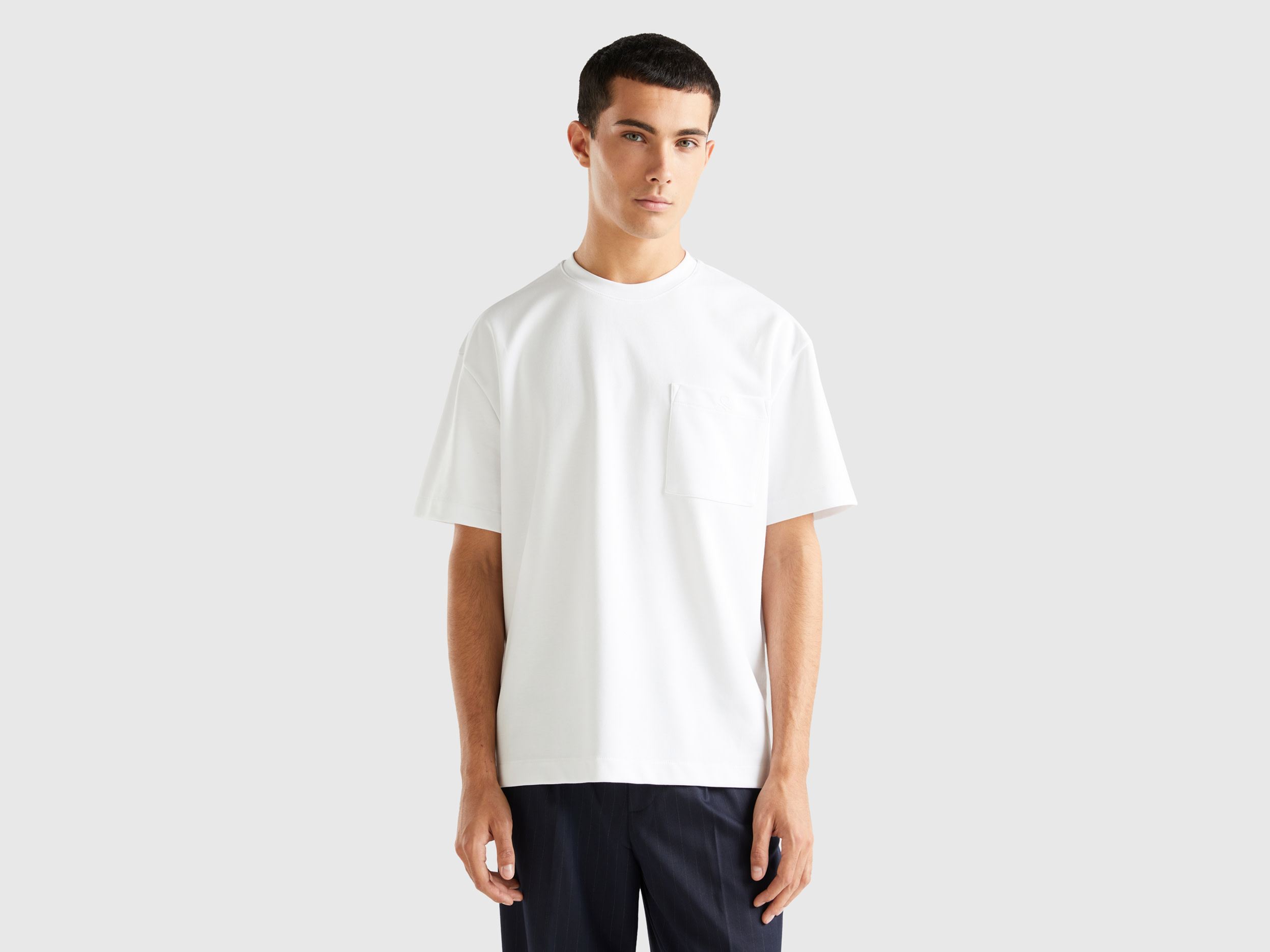 Benetton, Oversized T-shirt With Pocket, size XXL, White, Men