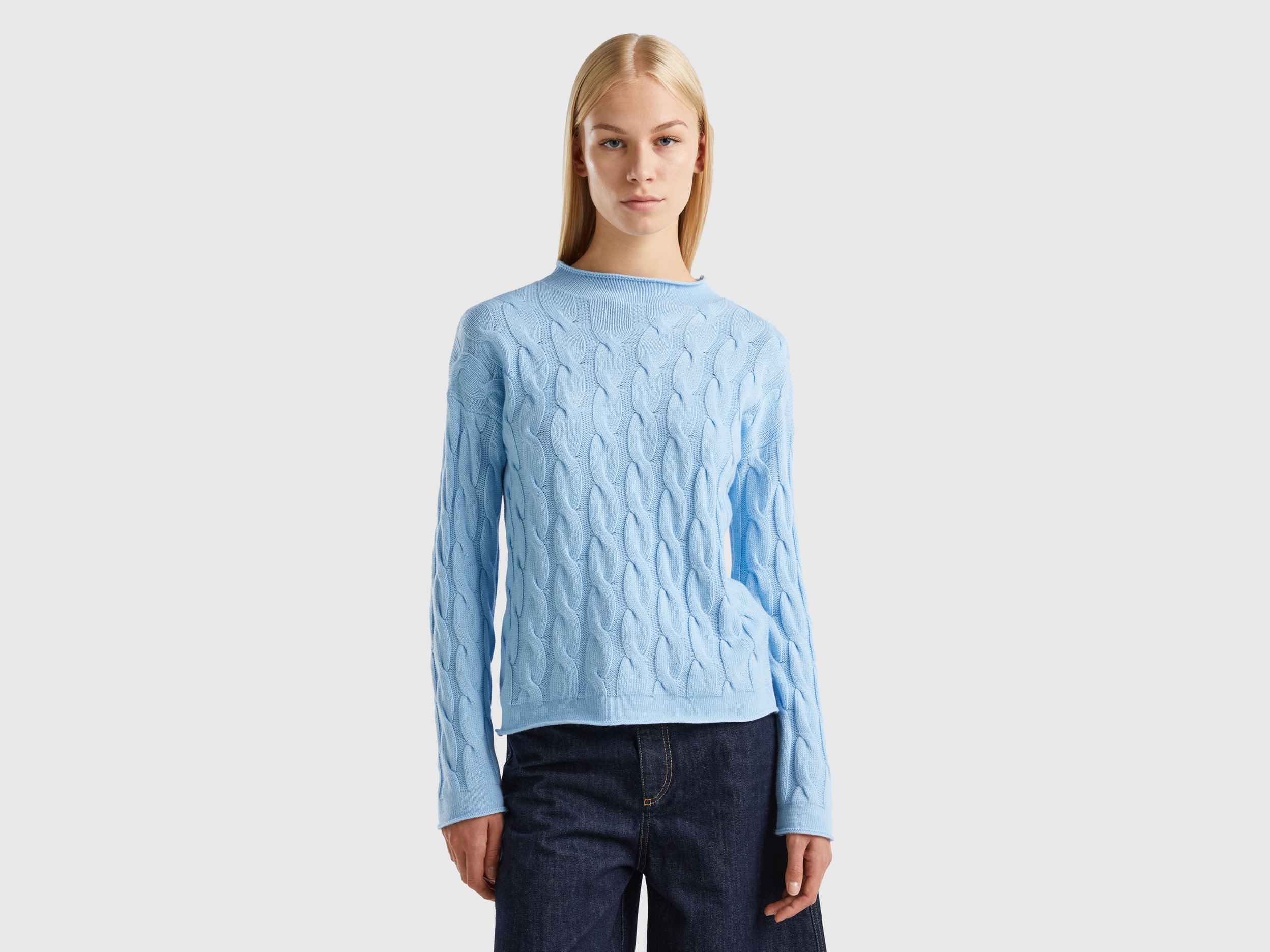 Benetton, Cable Knit Sweater, size XS, Light Blue, Women