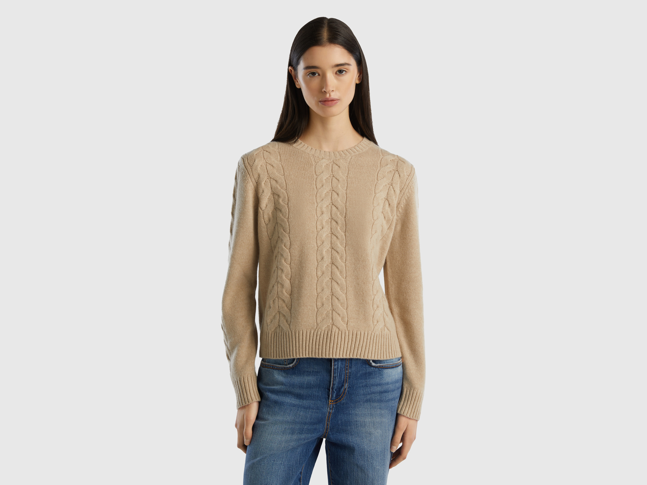 Benetton, Cable Knit Sweater In Pure Cashmere, size L, Beige, Women