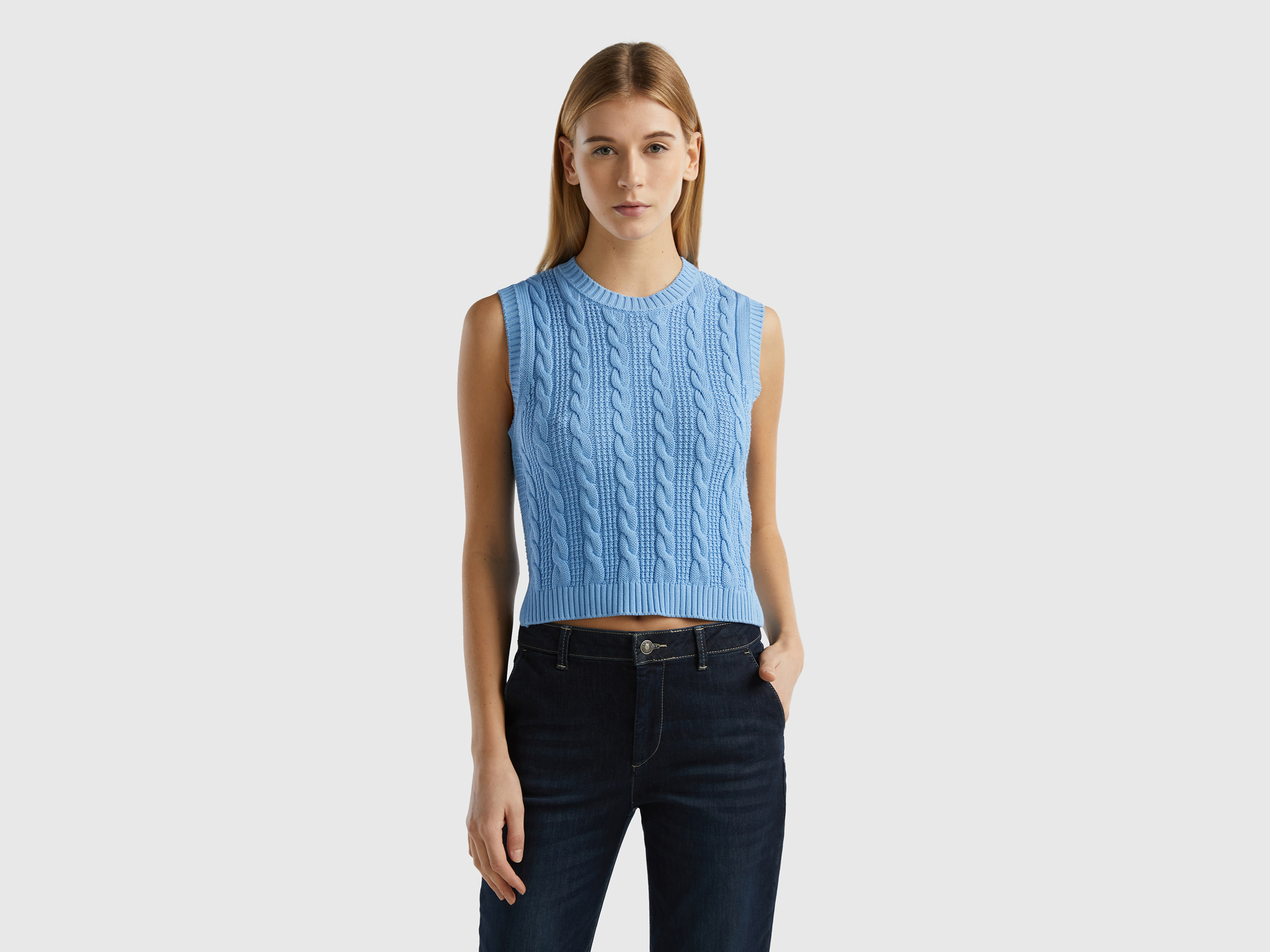 Benetton, Cropped Cable Knit Vest, size L, Light Blue, Women